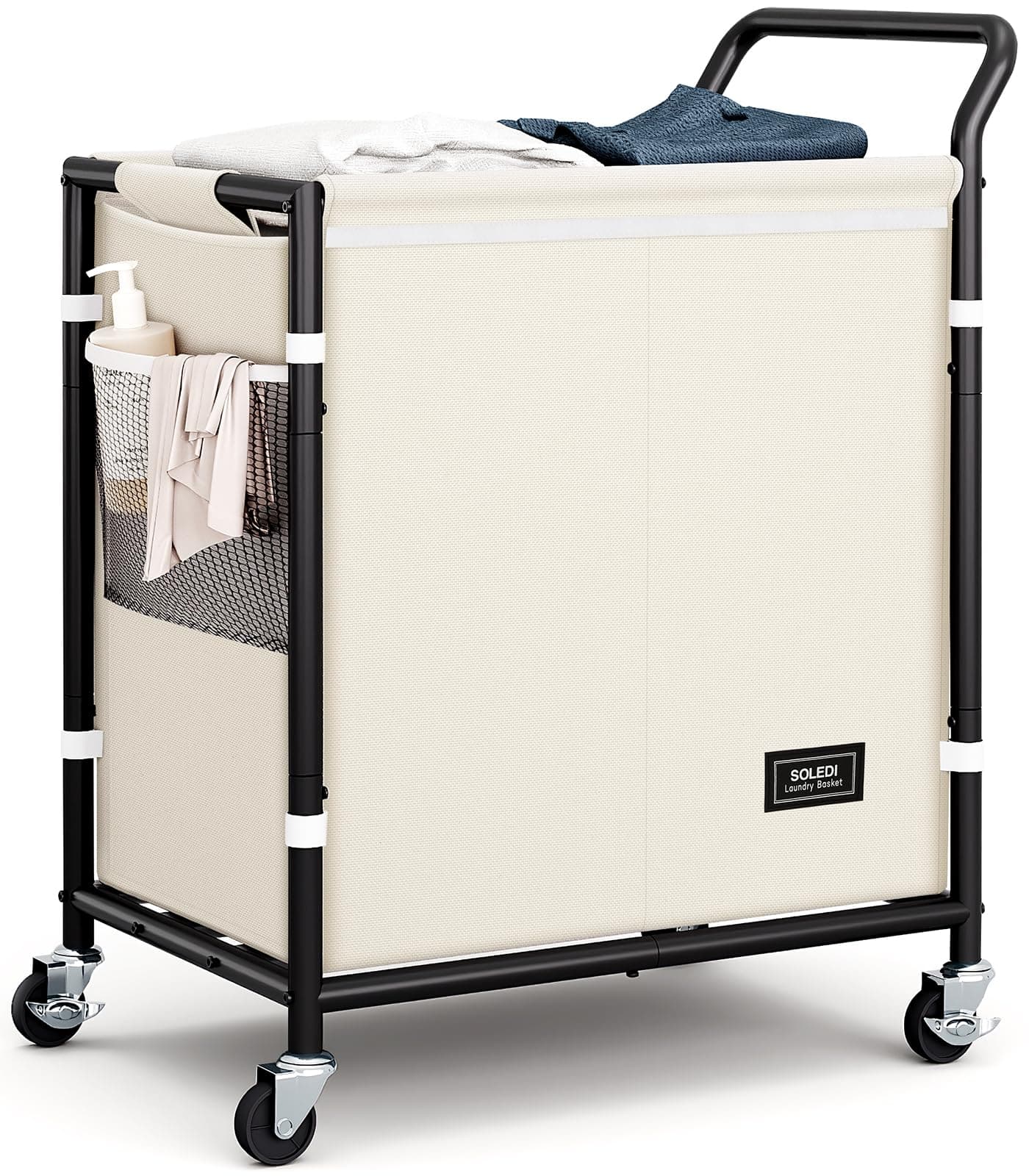 SOLEDI Laundry Basket with Wheels,38 Gallons(145L) Laundry Hamper 2 Section,Sturdy Metal Frame with Handle,Laundry Cart,Rolling Laundry Basket for Bedroom Aesthetic,Easy to Assemble,Ivory
