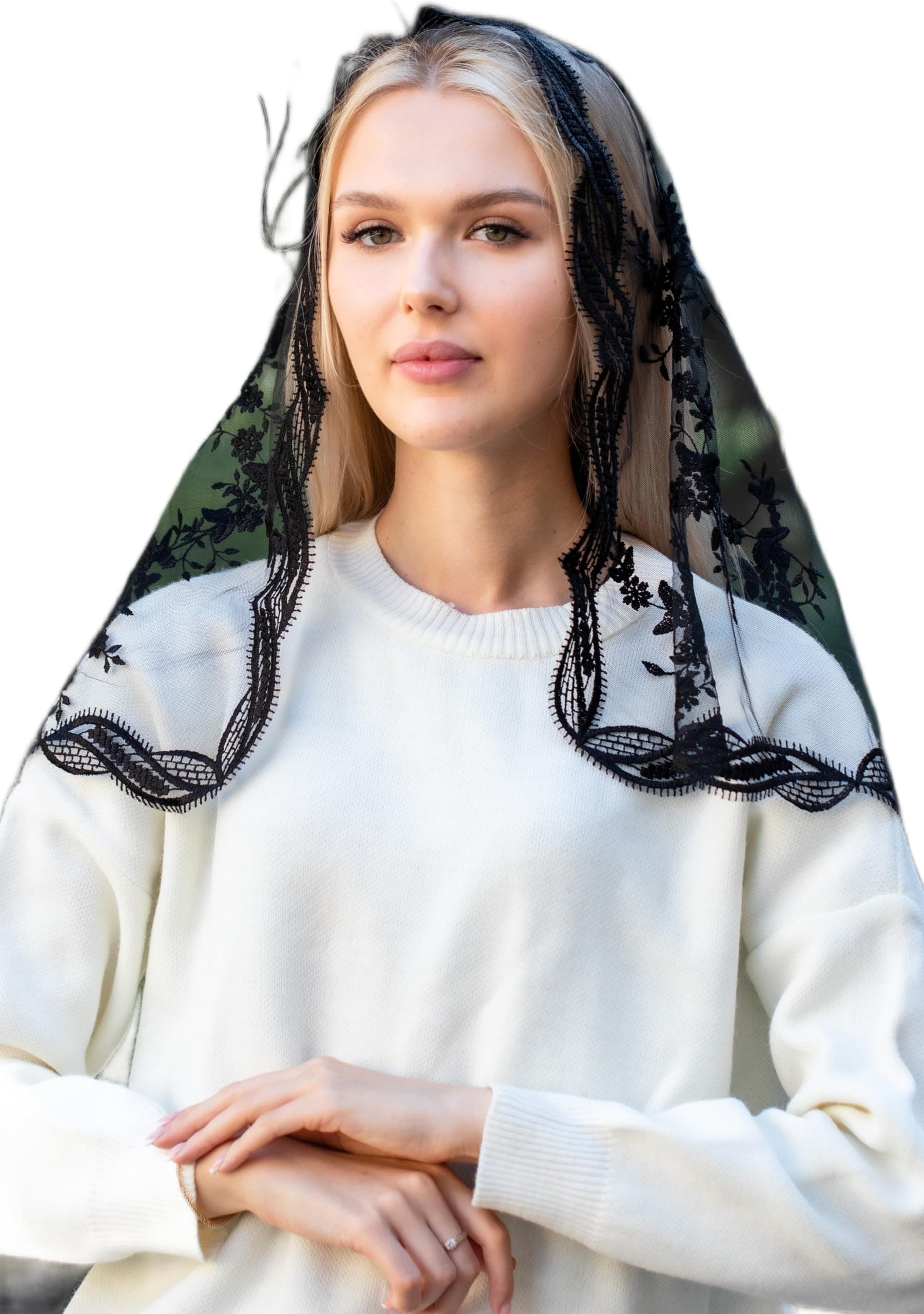 Maria Veils Catholic Mantilla Mass Veil - Triangle Cross Embroidery Church Lace Veil Spanish Chapel Mass Head Covering Short