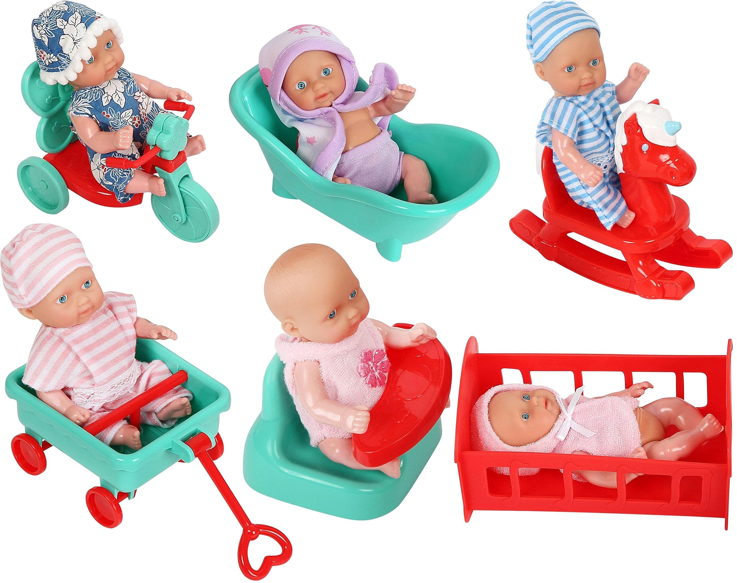 6 Mini Doll Set - 5" Inch Baby Girl Toy - Princess Toys Dolls - Baby Doll Crib, High Chair, Bathtub, Horse See Saw, Wagon and Bike Accessories - Dolls for 3+ Year Old Girls