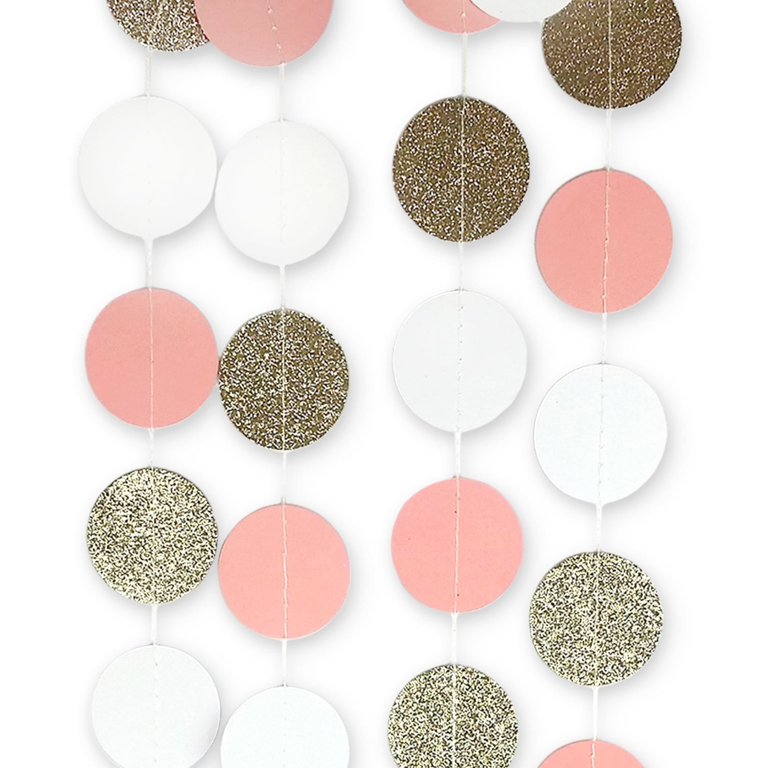 Circle Dots Paper Garland Pink White and Gold Glitter - Set of 4 (10 Feet Each) Total 40 feet.