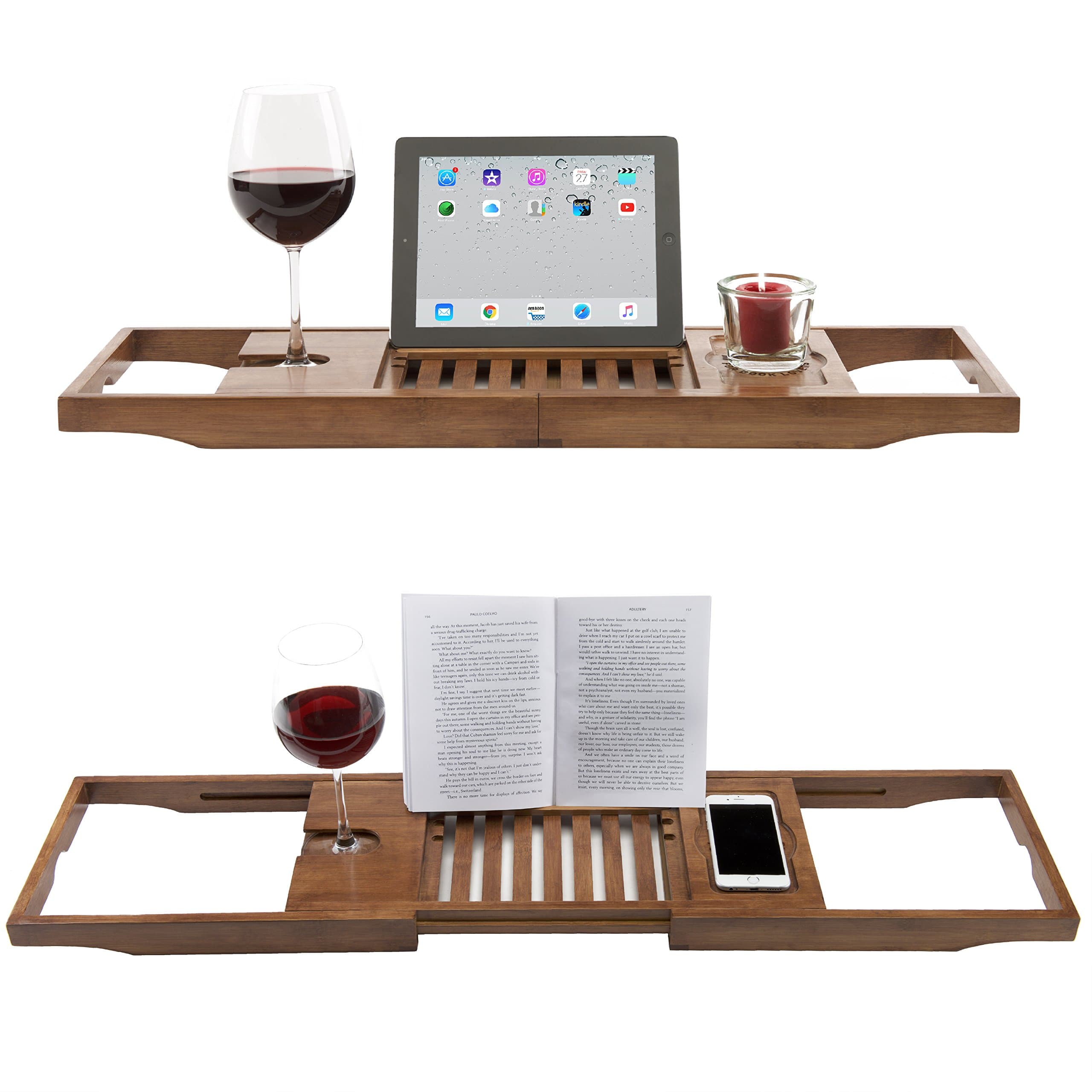 Bath Caddy Tray & Book Holder. Luxury Dark Wood Bath Rack / Shelf. Designed to safely hold your iPad & Wine Glass with Anti Slip & Extendable sides