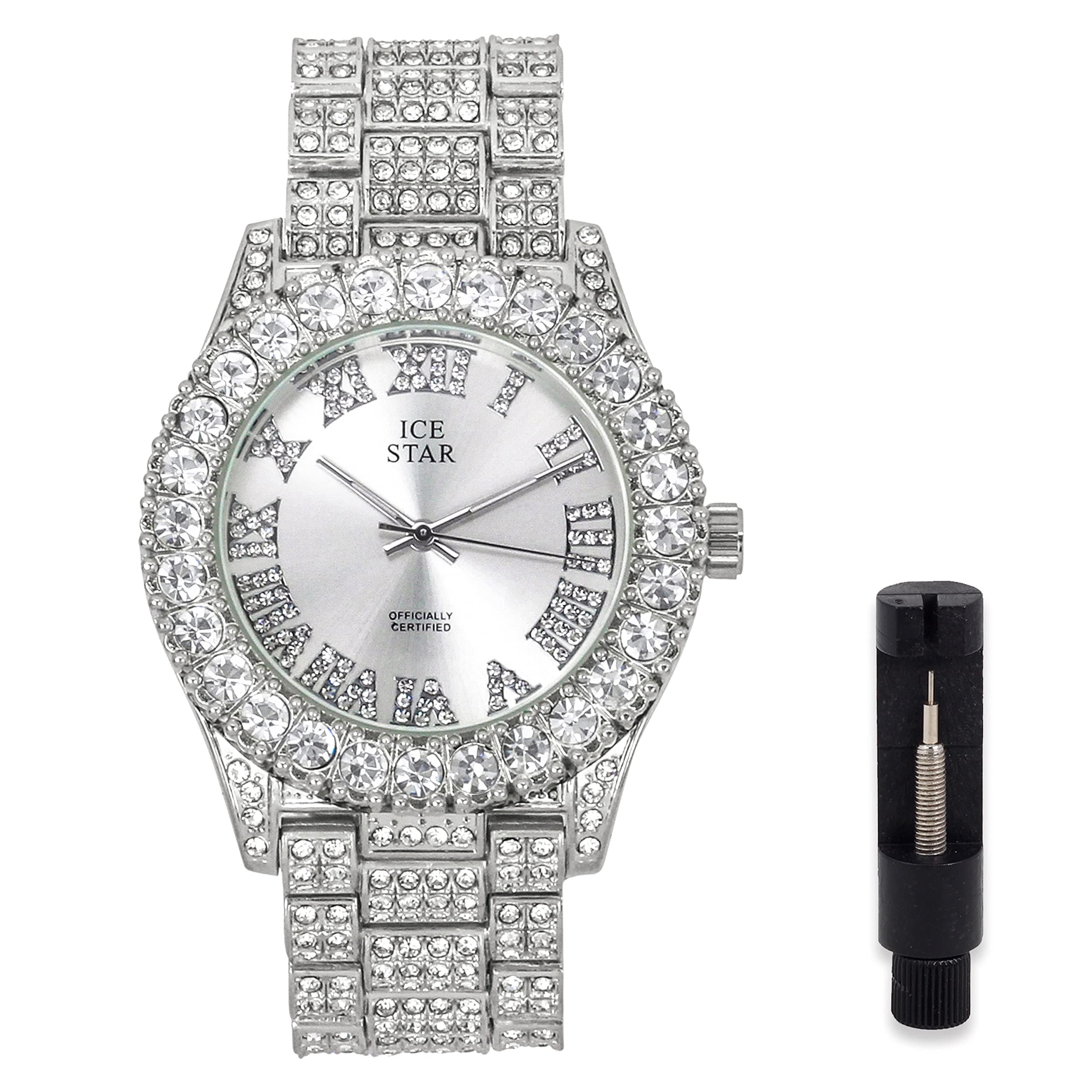 Mens Classic Bling-ed Out Arabic Dial Watch with Simulated Lab Diamonds | Japan Movement