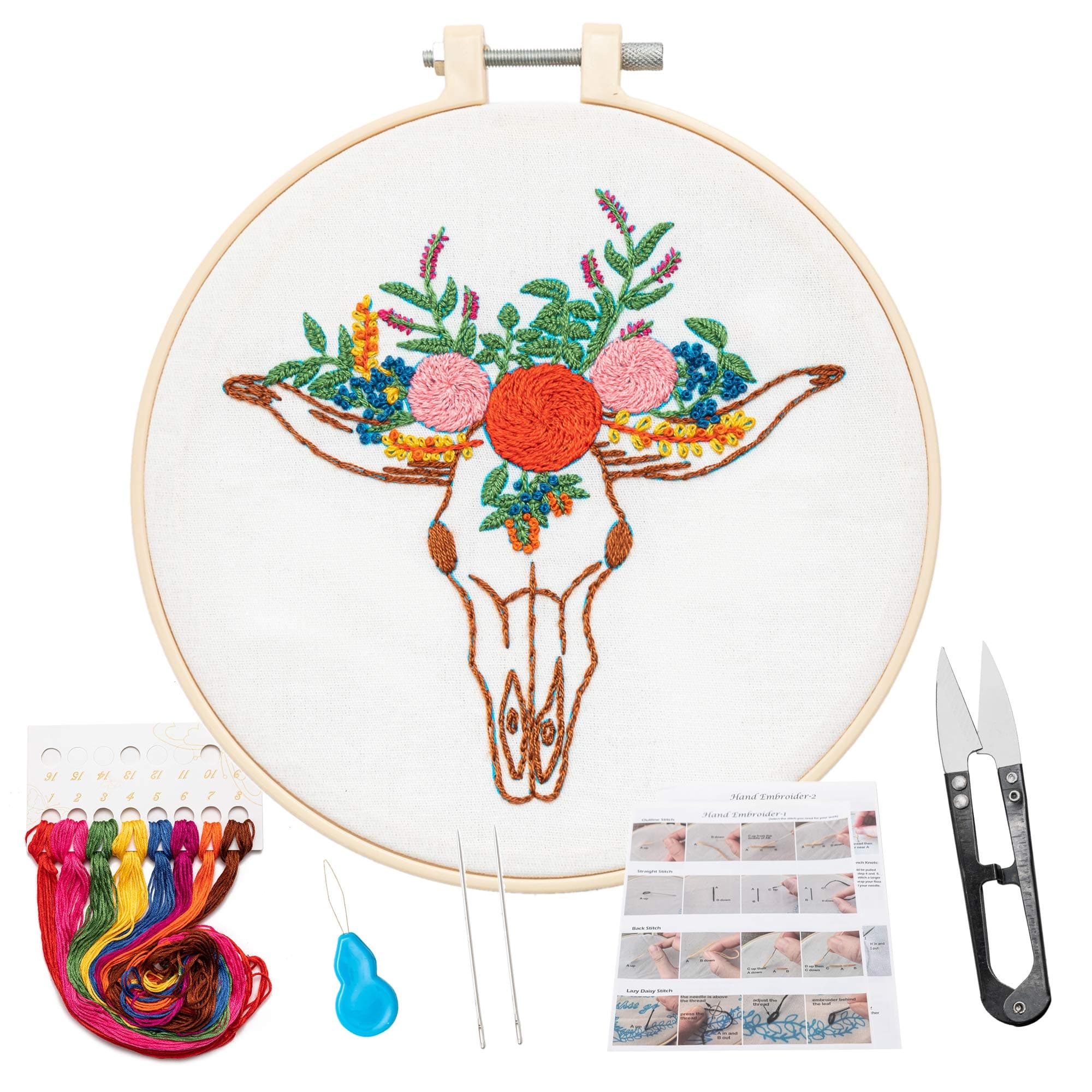 KHALEE Full Set of Hand-Made Embroidery Starter Kit, Cross Stitch Kits for Beginners Including Patterned Embroidery Cloth, Plastic Hoop,Color Floss,Tools Kit(Cow Head, 6 Inches in Diameter)