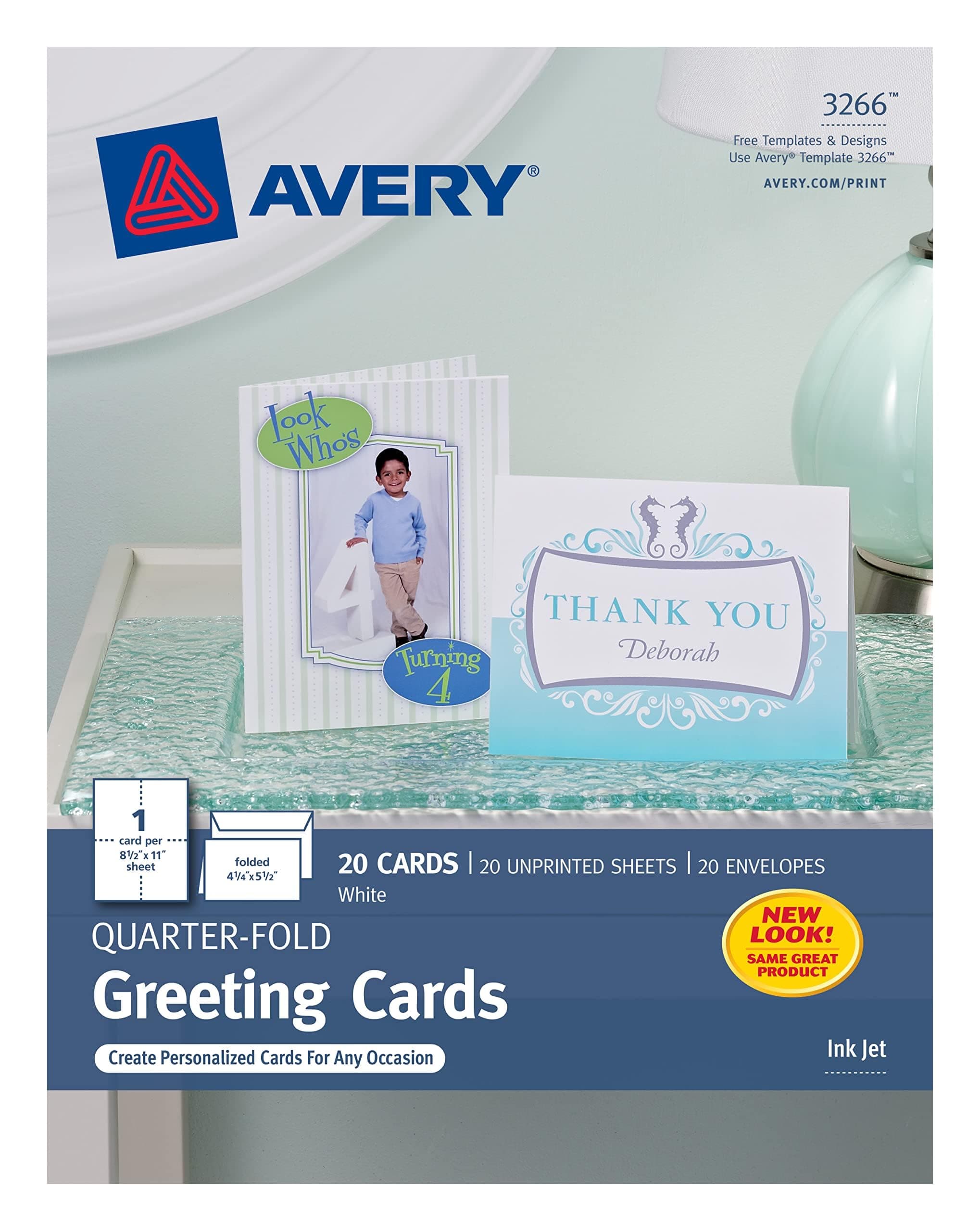 Avery Printable Quarter-Fold Greeting Cards, Envelopes Included, 4.25" x 5.5", Matte White, Inkjet Printer Compatible, 20 Blank Cards Total, Great for Product Branding, Marketing, and More (3266)