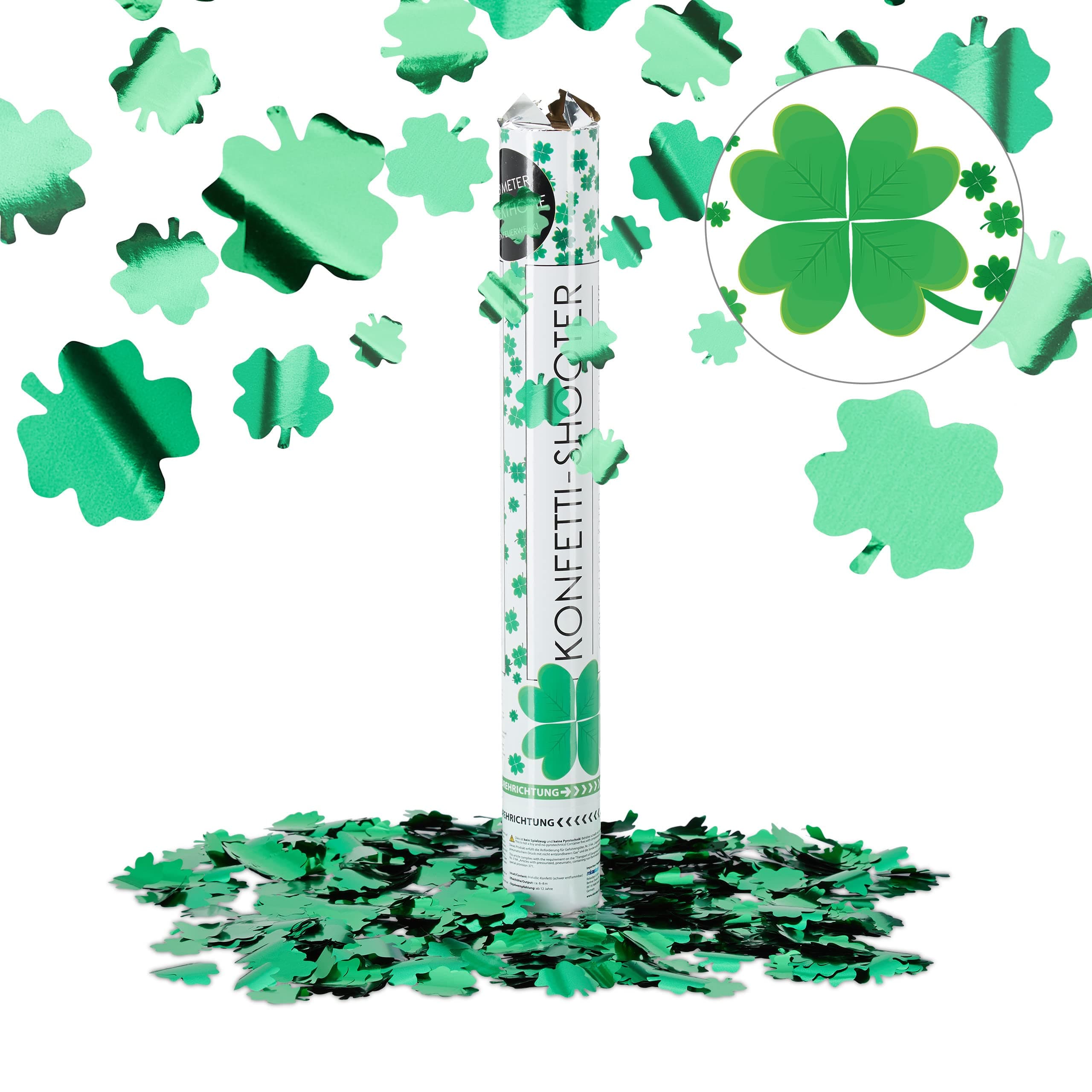 Relaxdays Party Popper with 4-Leaf Clover. 40 cm Confetti Cannon, Silvester Decor, Halloween, Metallic Green