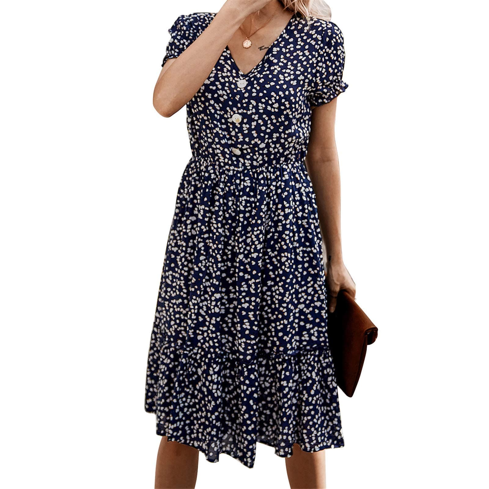 Women's Printed Summer Floral Dress, Casual and Holiday Style,Navy Blue,L