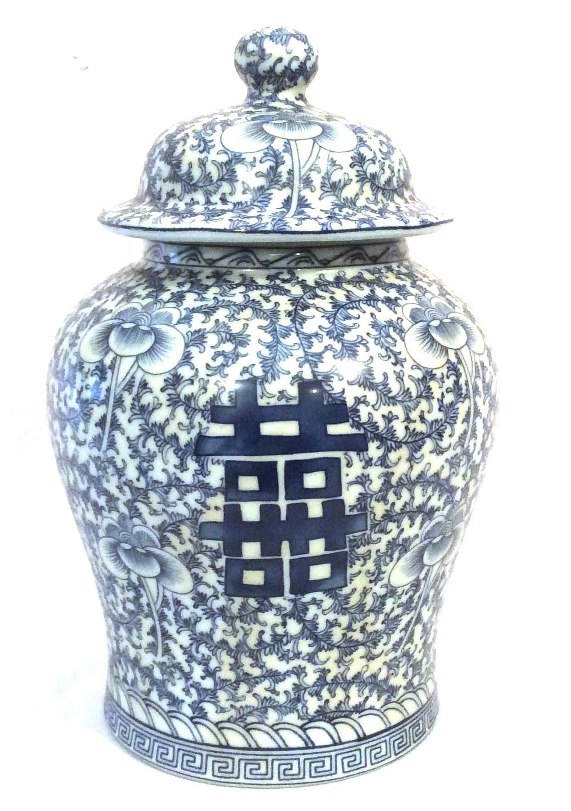 Chinese Blue and White Porcelain Temple Jar 14.5 Inches Tall Double Happiness Symbol