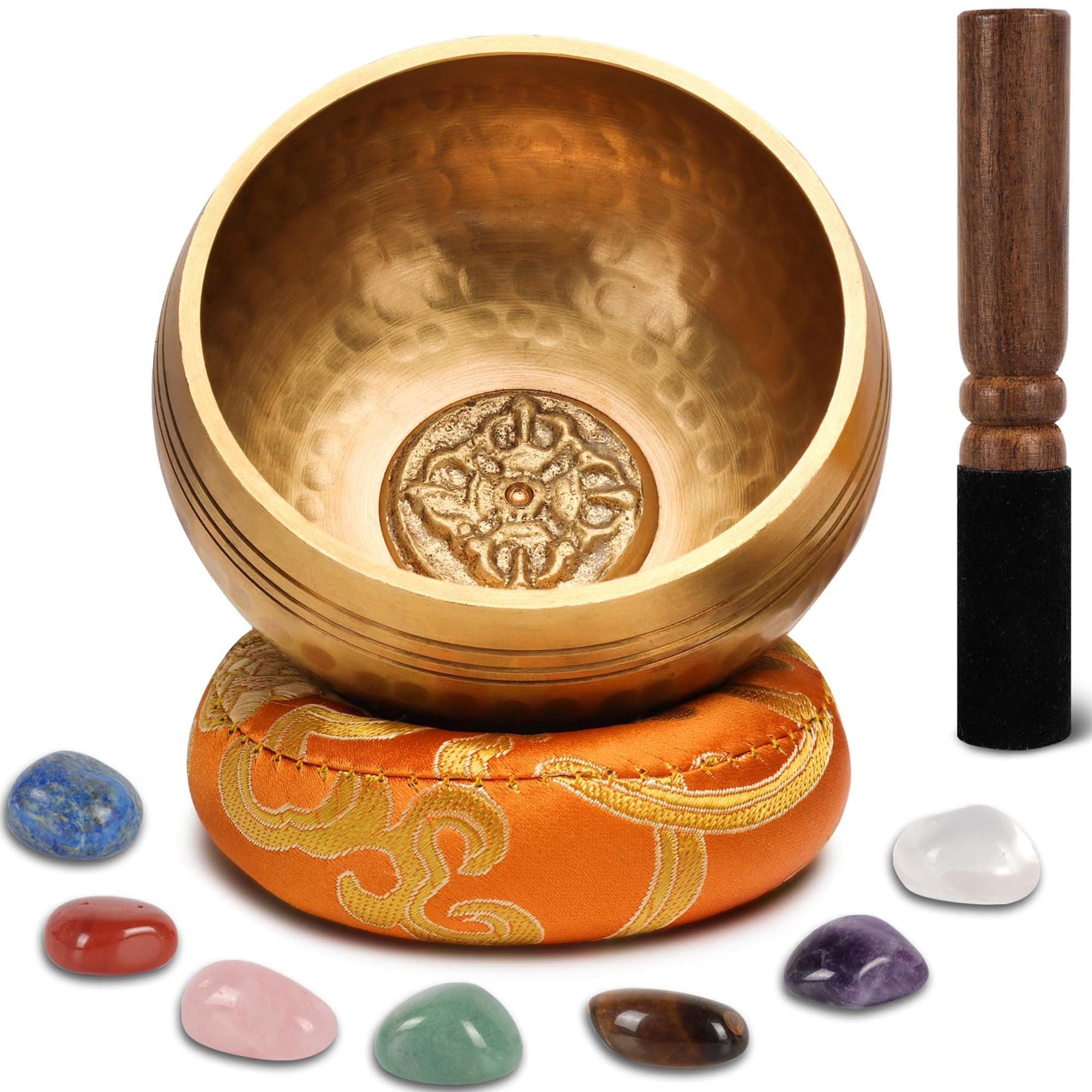 The7boXTibetan Singing Bowl Set 3.15 inch- 7 Chakra Crystal Stones Handcrafted For Meditation, Mindfulness, Yoga, Spiritual Healing And Stress Relief With Mallet And Cushion