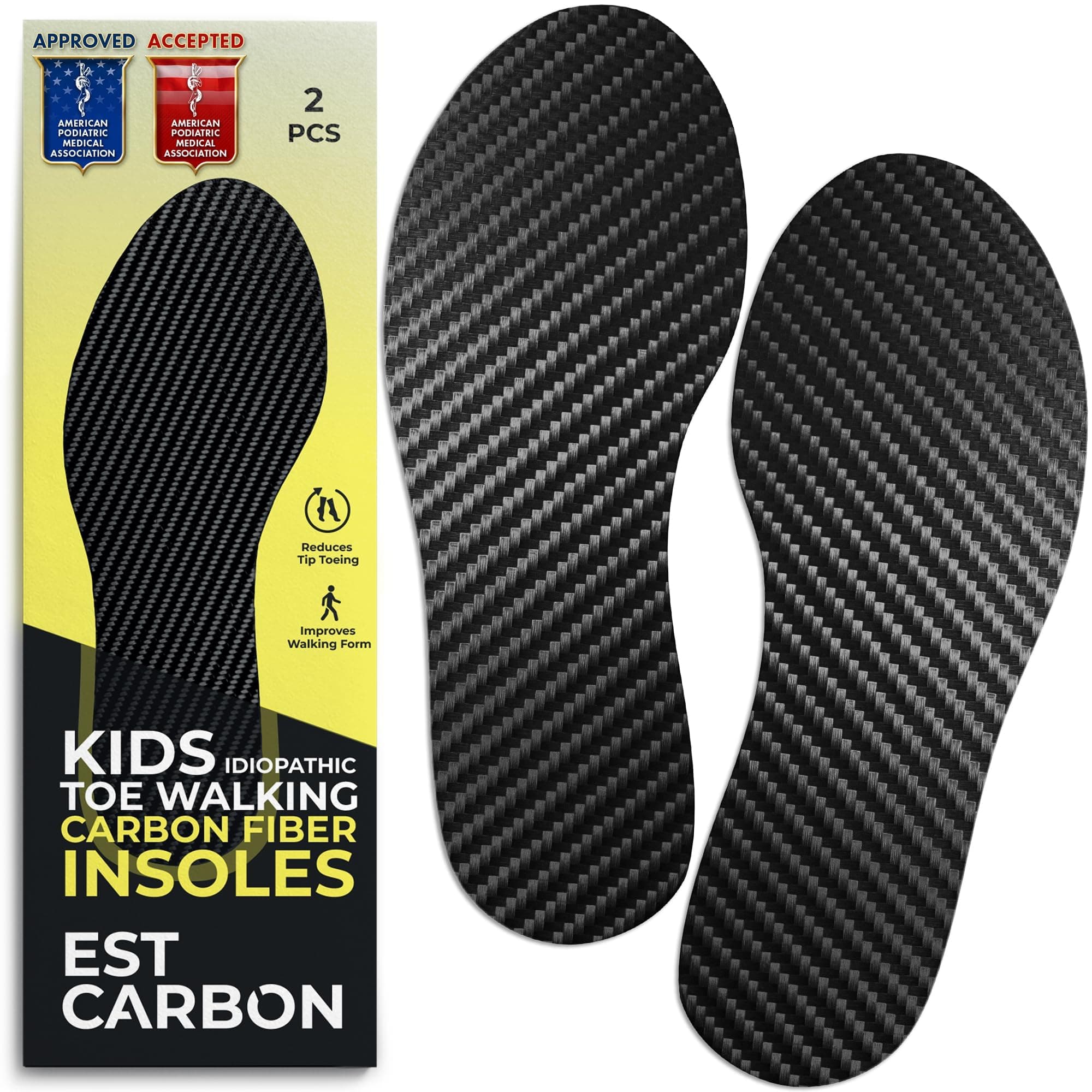 Kids Carbon Fiber Insoles - Little Kid Size 13, 2 Pieces - Orthotic Shoe Inserts - Tip Toe Walking Correction - Sports Footplate for Soccer Cleats, Sneakers, Shoes