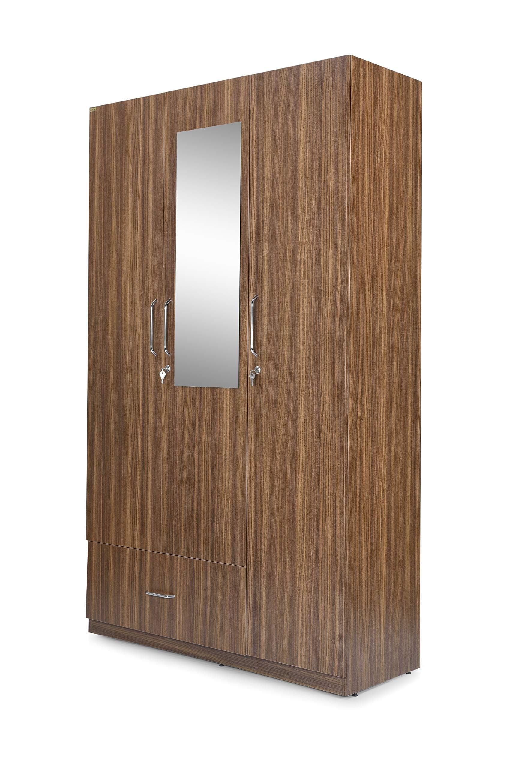Trevi Split 3-Door Wardrobe with Mirror and Drawer (Suede Matte Finish, Indiana Teak)