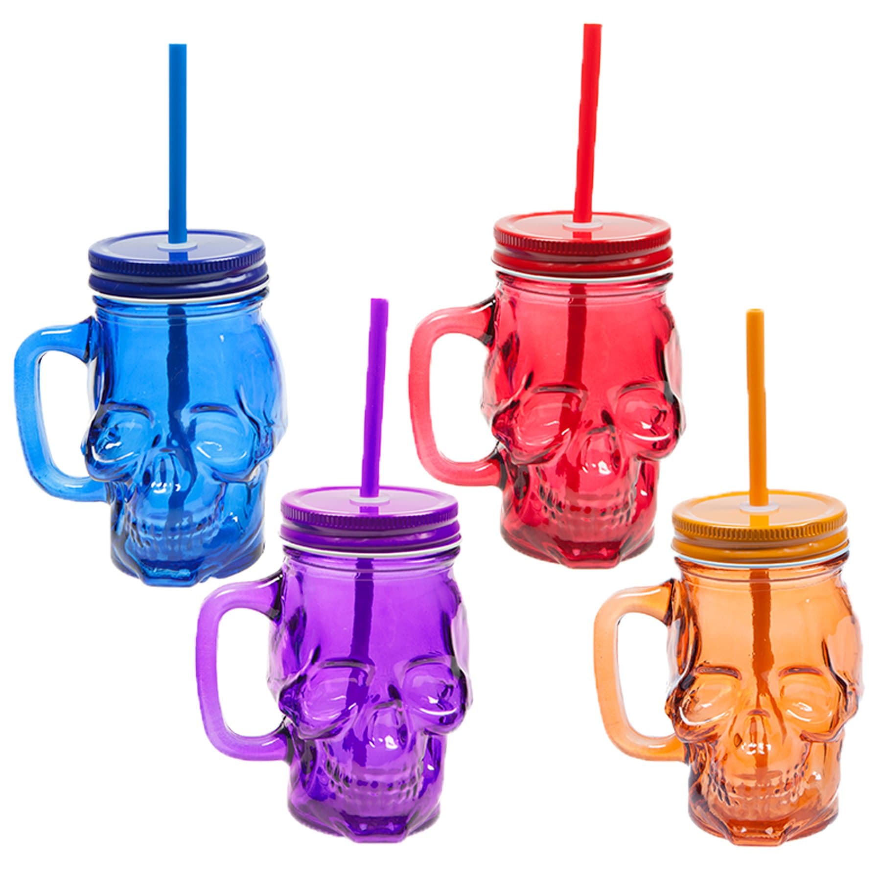 PMS 350G COLOURED GLASS SKULL JAR MUG WITH STRAW 4ASSTD COLO
