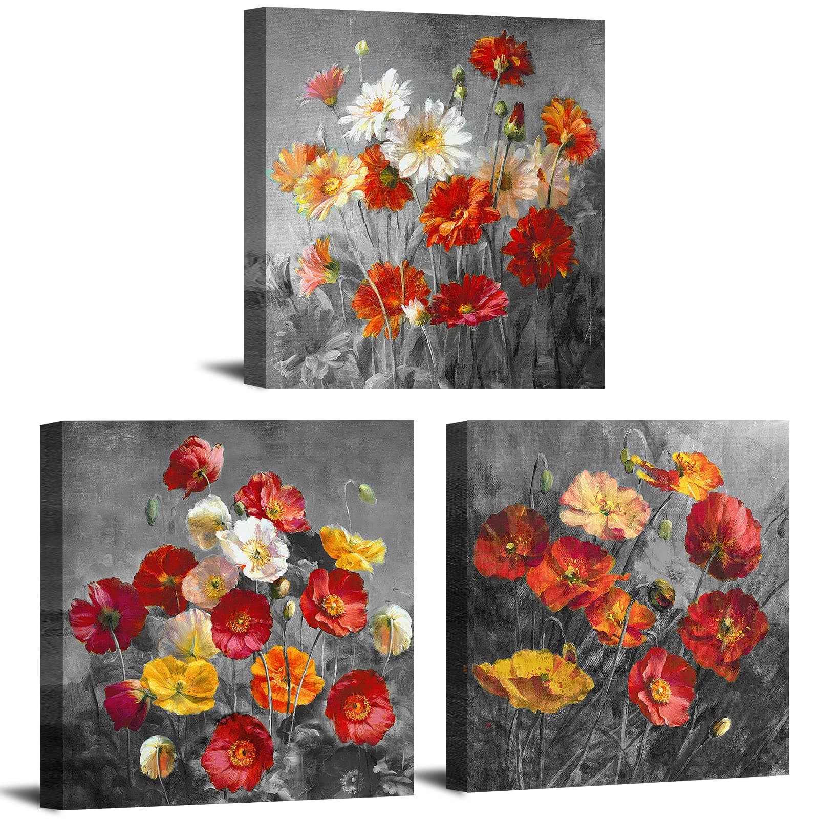 Poppy Flowers Wall Canvas Daisiy Photo Home Decor Red Floral Pictures Painting Modern Artwork Framed Background Art Prints Still Life Photo for Bathroom Bedroom Home Decoration 12x12 Inch x 3 Pcs