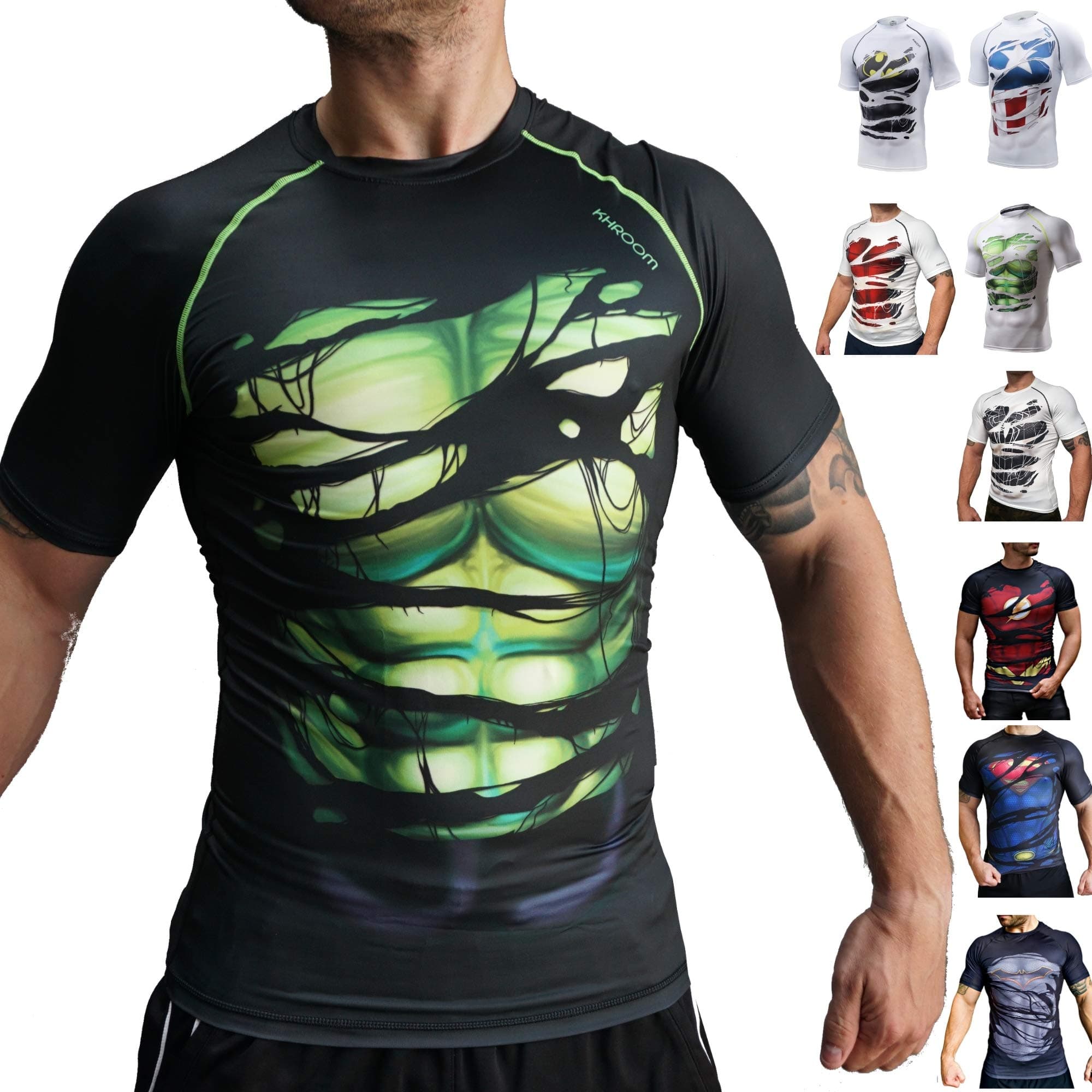 Superhero Short Sleeve Compression Shirt for Men | Rash Guard with Quick-Drying for Fitness | Breathable 4-Way Stretch Clothing