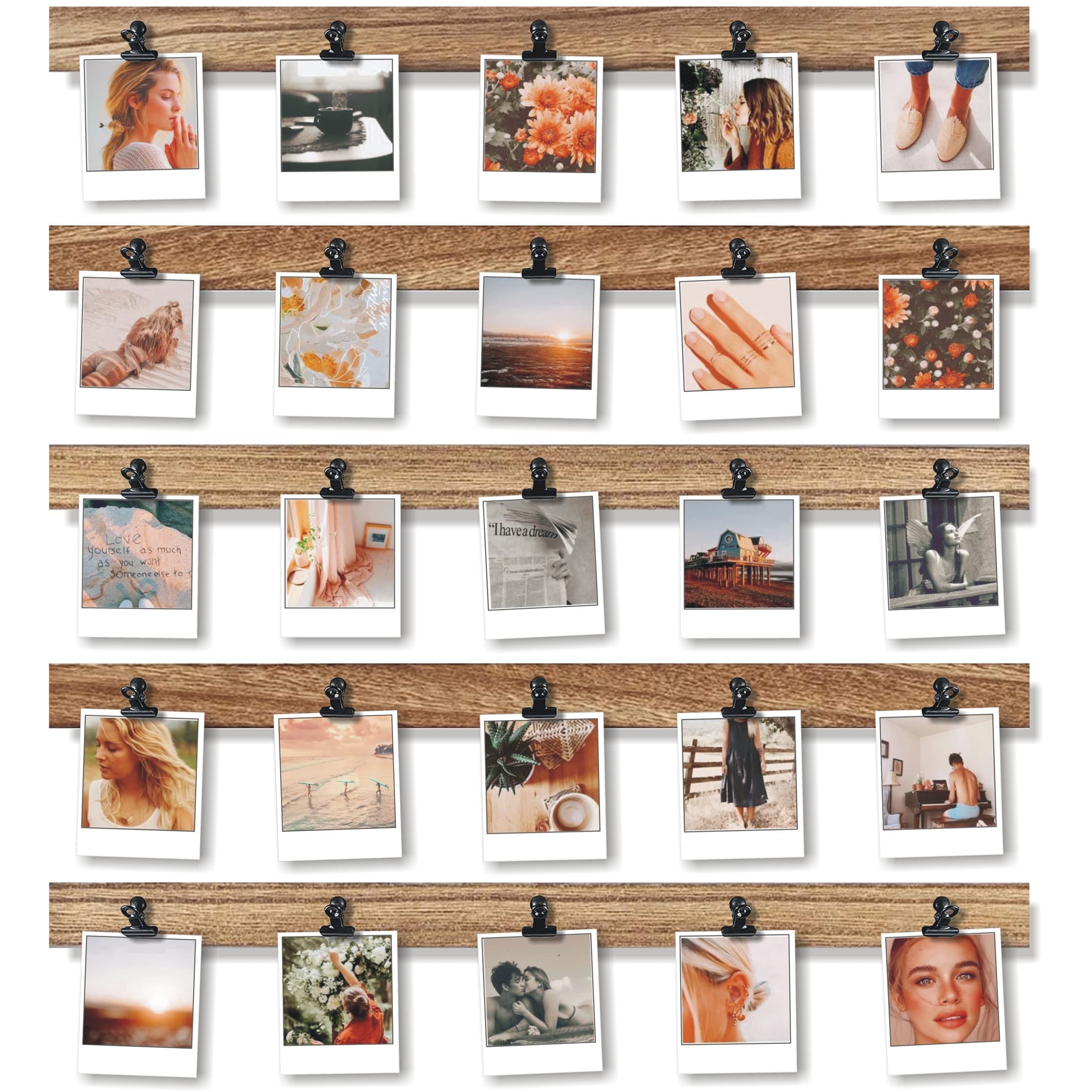 BIZYAC Hanging Photo Display Room Wall Decor - Sculptural Picture Frames Collage - 5 Wooden Holders with 25 Clips - 3M Self Adhesive - No Holes Drilling - Carbonized Brown …