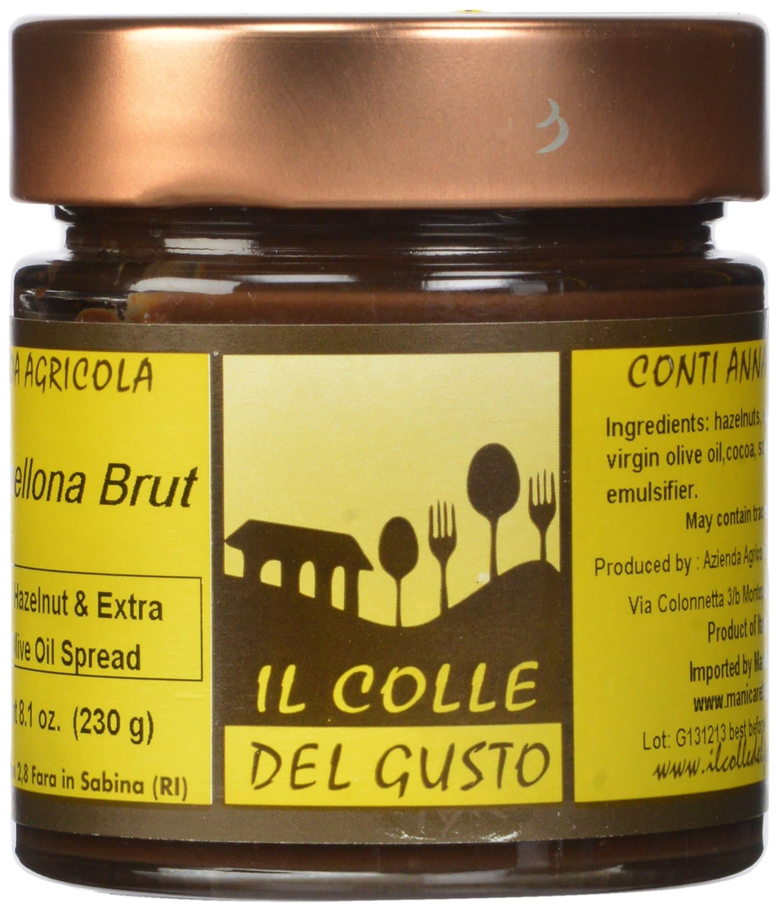 Il Colle Del Gusto Coarse Hazelnut Chocolate Spread with Extra Virgin Olive Oil, Granellona Brut, 8.1 Ounce