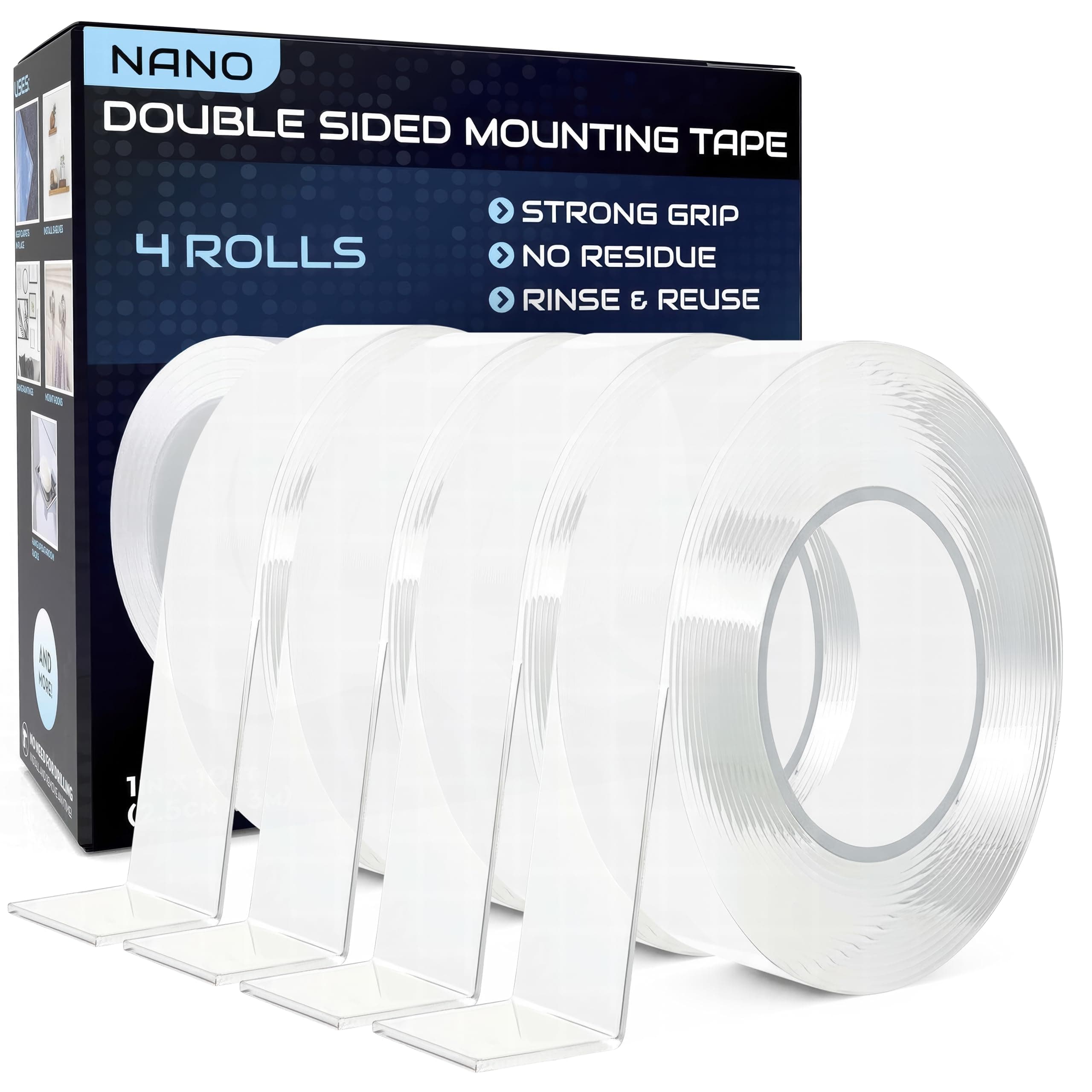 Nano Tape Double Sided Tape Heavy Duty Hanging - 4 Pack - 1 in x 10 Ft Each - Magic Clear Adhesive Perfect for Walls, Wood, Tile, Plastic, Pictures & Metal Surfaces - Strong Grip