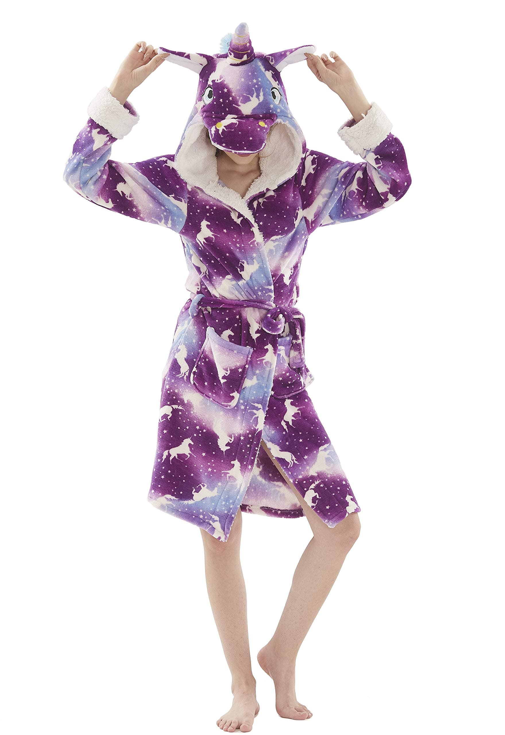 Women Unicorn Robe Adult Animal Bath Flanel Fleece Hooded Halloween Christmas Costume Sleepwear Cosplay Robe