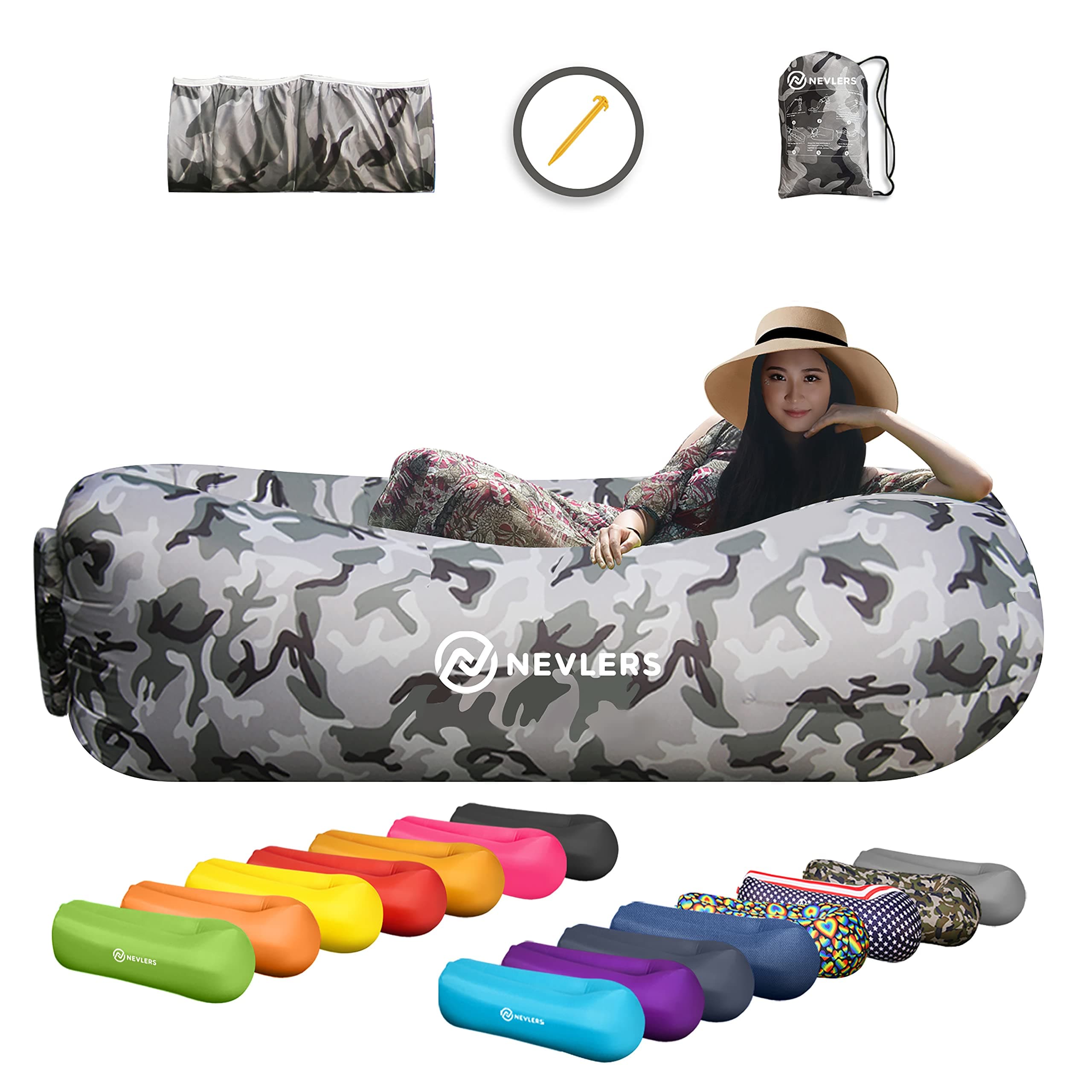 NevlersInflatable Lounger Air Sofa | Perfect for Beach Chair Camping Chairs or Portable Hammock & Includes Travel Bag Pouch, Ground Peg & 3 Pockets | Easy to Use Camping Accessories