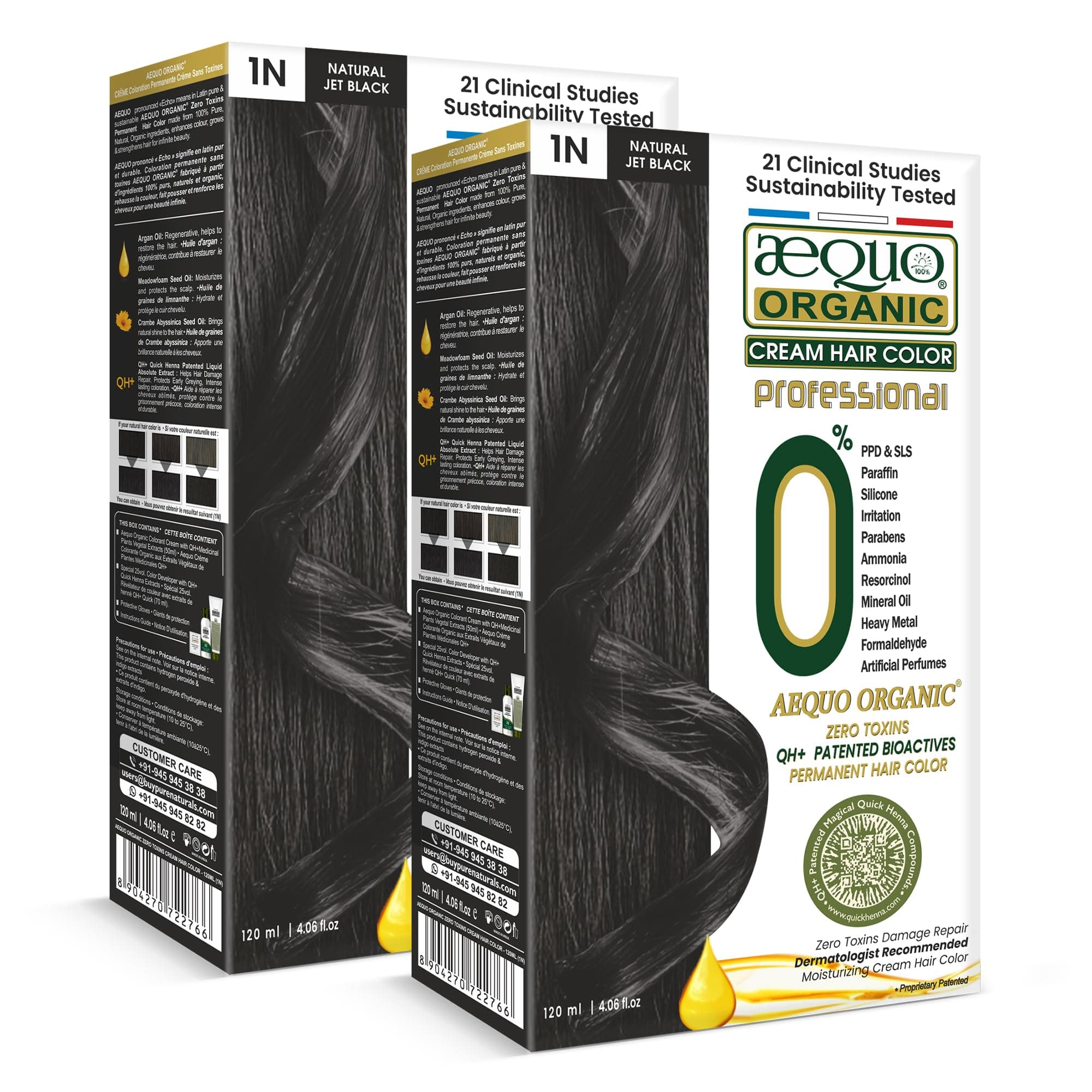 Aequo Organic Creme Hair Colour Salon Pack With QH+ Water For Men and Women | Natural, 100% Grey Coverage, PPD & Ammonia Free Permanent Hair, Beard Color For Men | 1N Natural Black 120ml | Pack Of 2 | Unisex