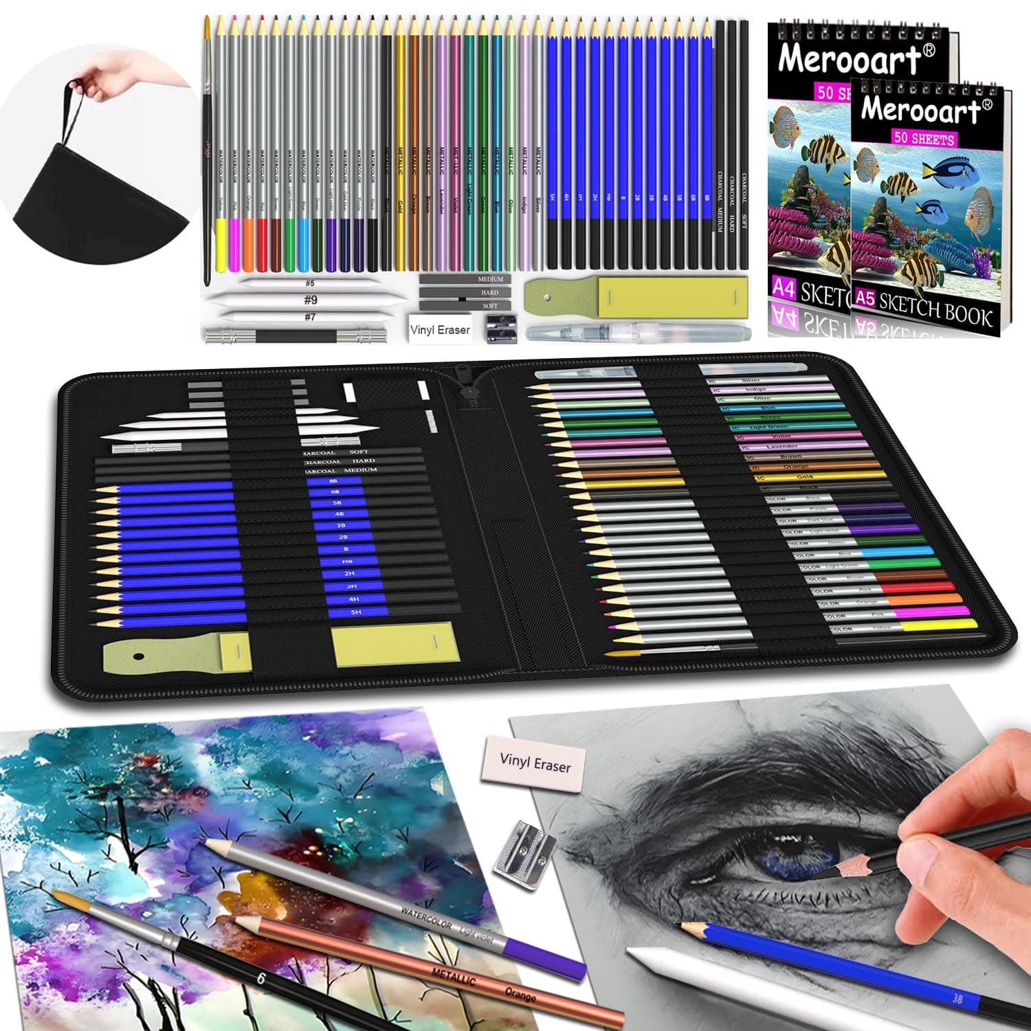 Art Supplies Drawing Pen Set -54 Pack Professional Sketching Set with Sketching Books * 2, including graphite, charcoal, watercolor, and metal pencils, suitable for children, teenagers, and adults