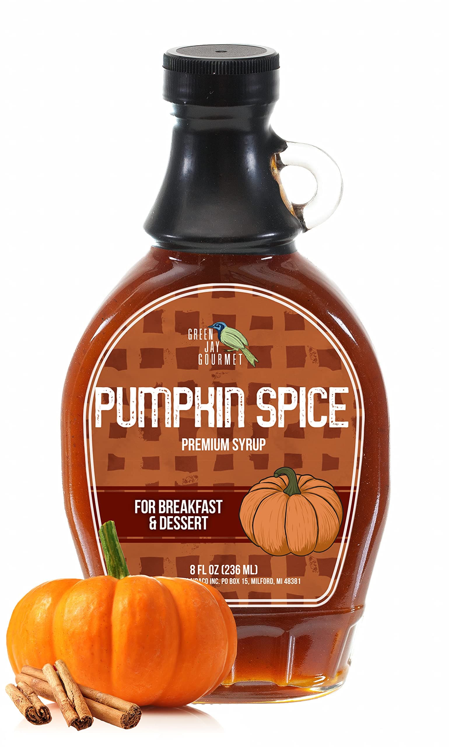 Green Jay Gourmet Pumpkin Spice Syrup - Premium Breakfast Syrup with Pumpkin, Spices & Lemon Juice - All-Natural, Non-GMO Pancake Syrup, Waffle Syrup & Dessert Syrup - 8 Ounces