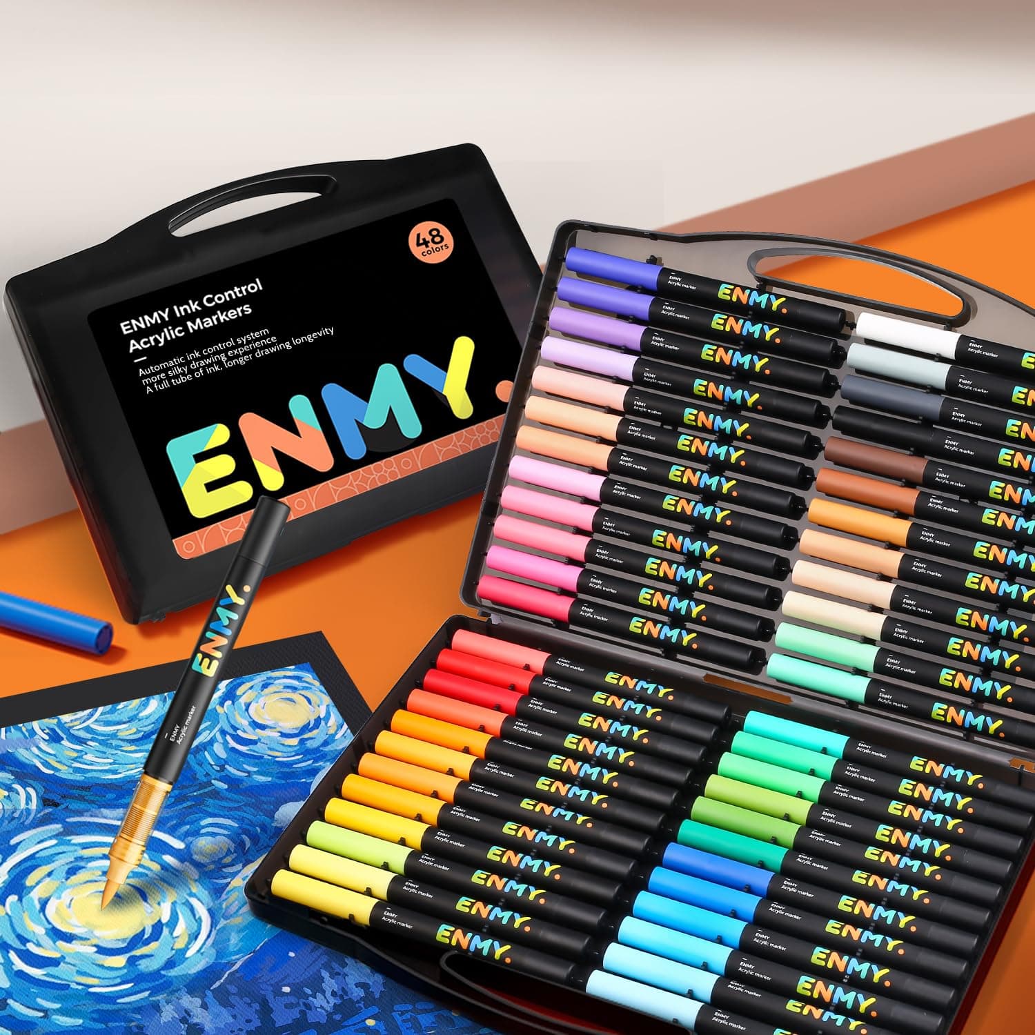 ENMY 48 Colors Acrylic Paint Pens, Direct Liquid Acrylic Paint Marker Pens, Fabric Markers for Textile, Canvas, Rock, Glass, Wood, Paper, DIY, Acrylic Coloring Markers for DIY Craft Supplies