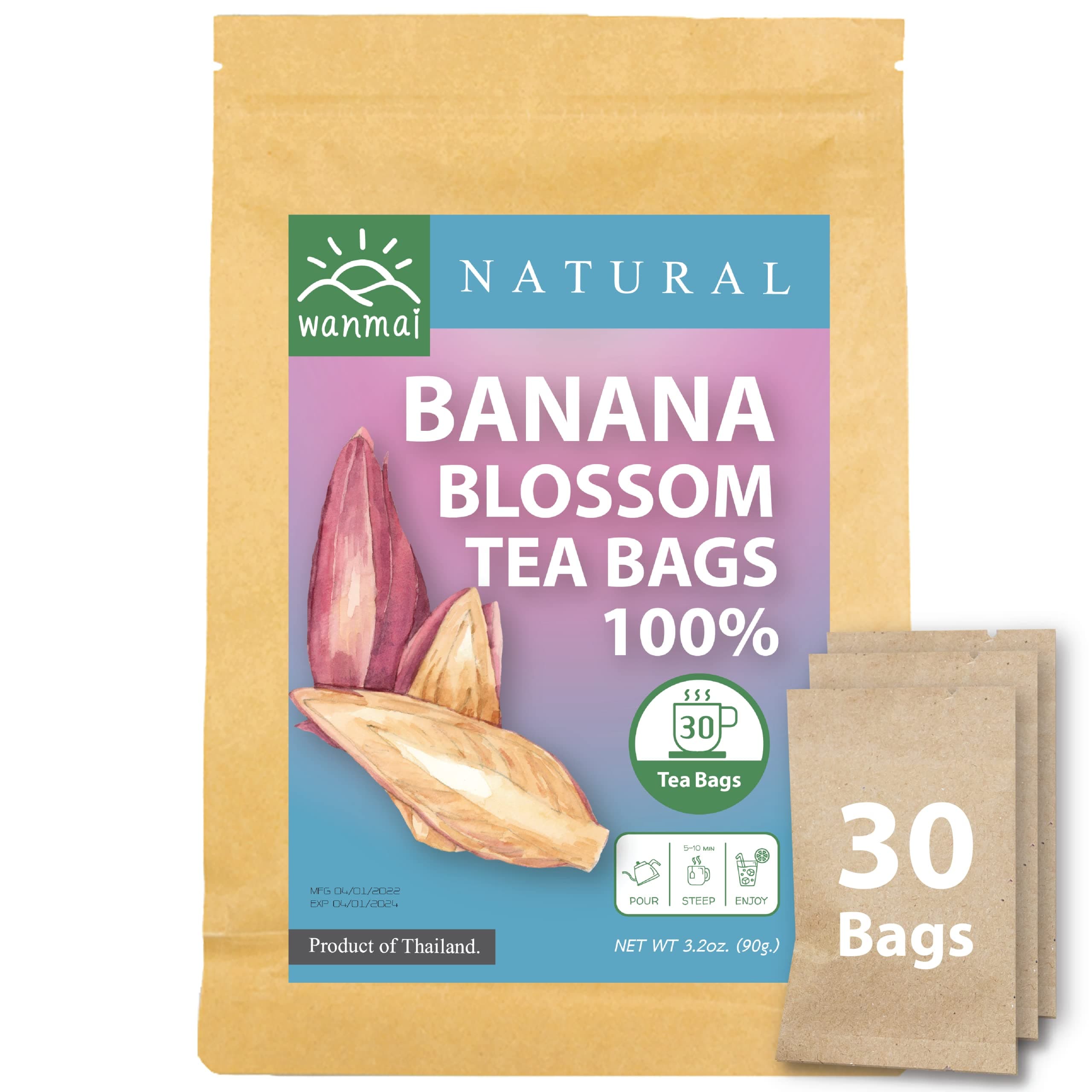 WANMAI29Banana blossom Tea Bags, 30-Count, Natural Sugar Free Drink, Supports Vegan and Ketogenic Diets, No Caffeine or Harsh Additives, 100% Real Herb in Kraft Steeping Bag