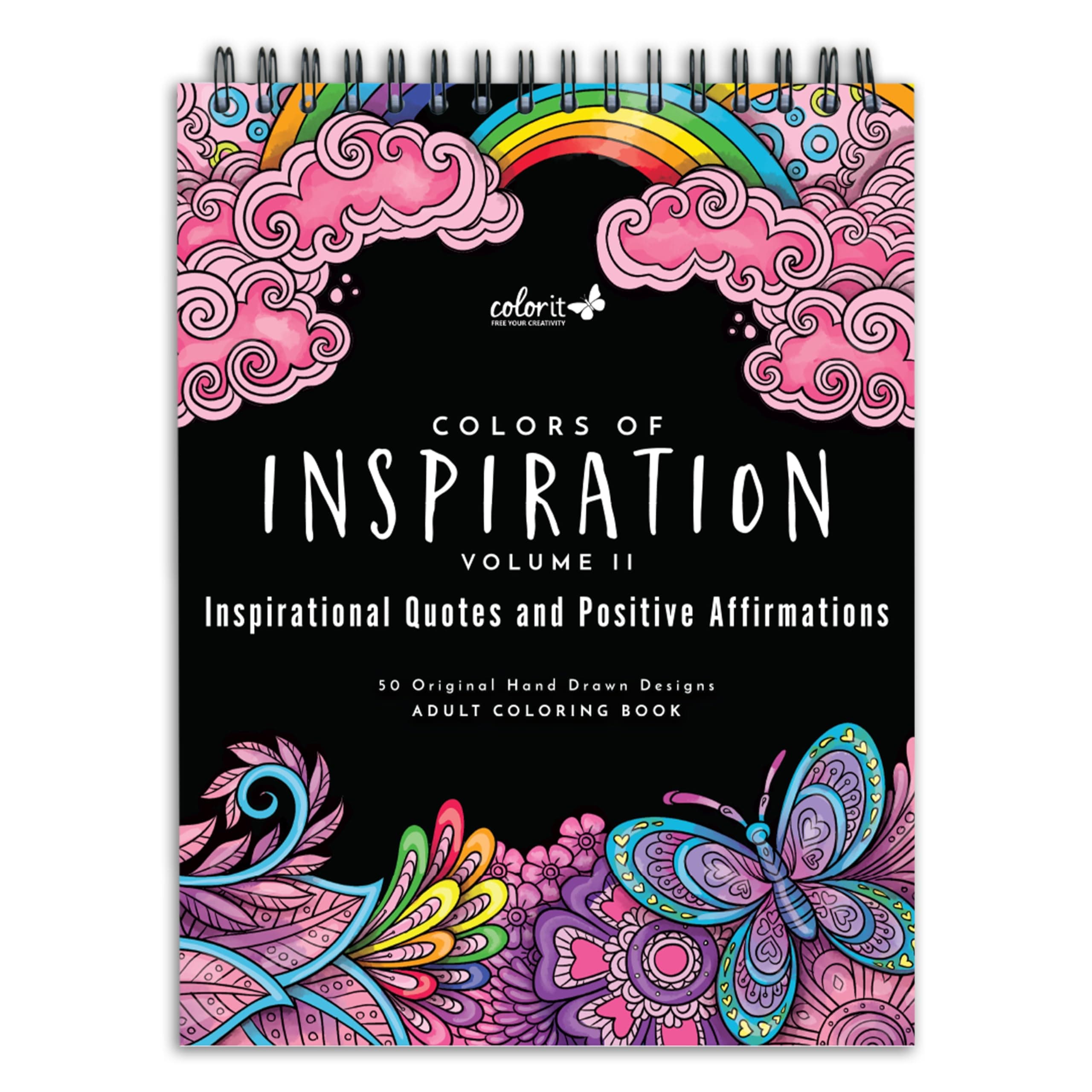 Colors of Inspiration Volume 2 Inspirational Quotes and Positive Affirmations Adult Coloring Book, 50 Original Designs, Spiral Binding, USA Printed, Lay Flat Hardback Book Cover, Ink Blotter
