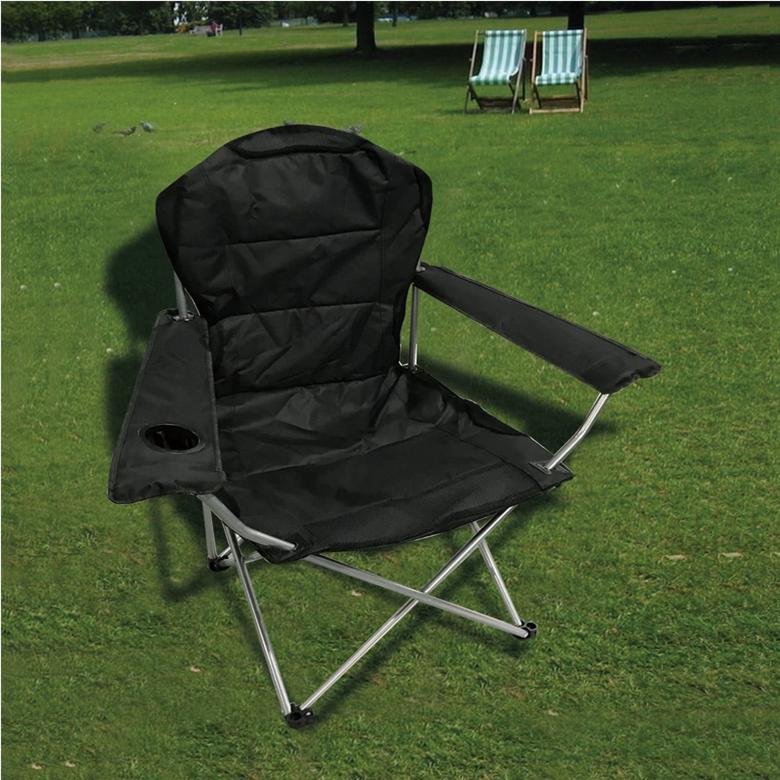 Gr8 Garden Deluxe Folding High Back Camping Chair Black Foldable Caravan Fishing Picnic Beach Garden Patio Furniture Foldable Seat With Cup Holder