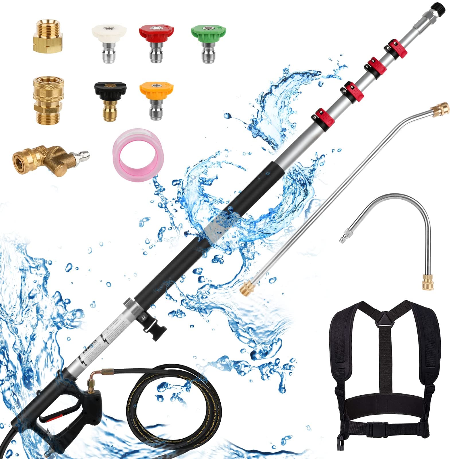 Pressure Washer Extension Wand 24 FT, Extension Pole for Pressure Washer with Gutter Extension, and 5 Spray Nozzle Tips for Roof Fence Window Washing Gutter Cleaner