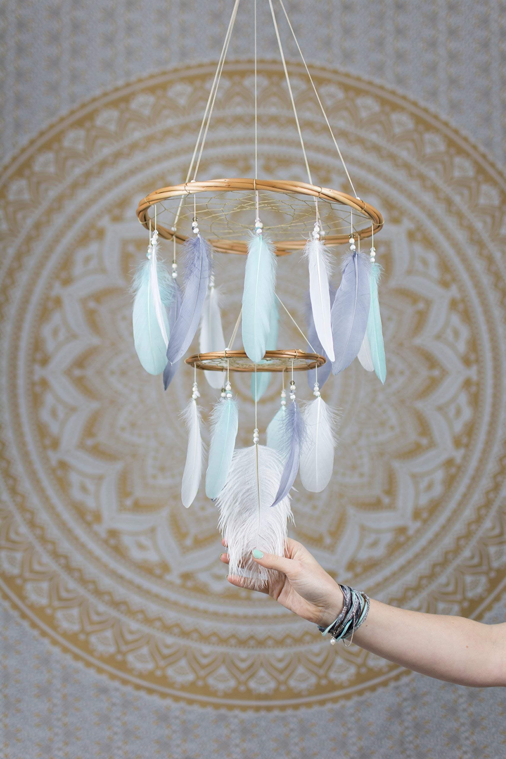 Mint, White and Grey Chandelier Dream Catcher Mobile - 12x18Inches Dreamcatcher Mobile Dreamcatcher Mobile Bohemian Dream Catcher Nursery Mobile Baby Mobile Boho Decor Wedding