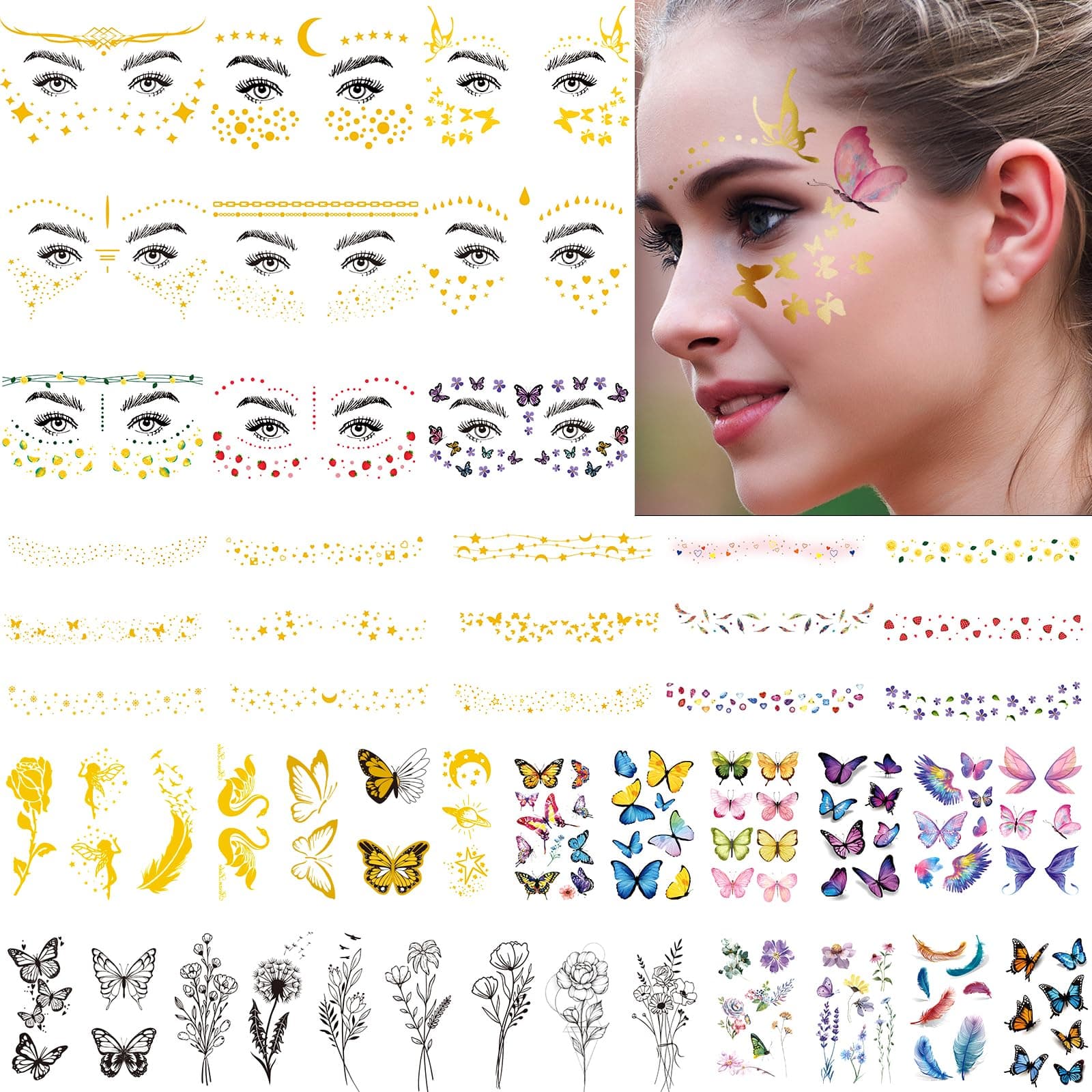54 Sheets Gold Glitter Freckles Face Tattoo, 150+ Pcs Halloween Face Glitter Temporary Tattoo Stickers, Sparkle Freckles Metallic Face Gems, Faux Freckles Cute Glitter Makeup Accessories For Women