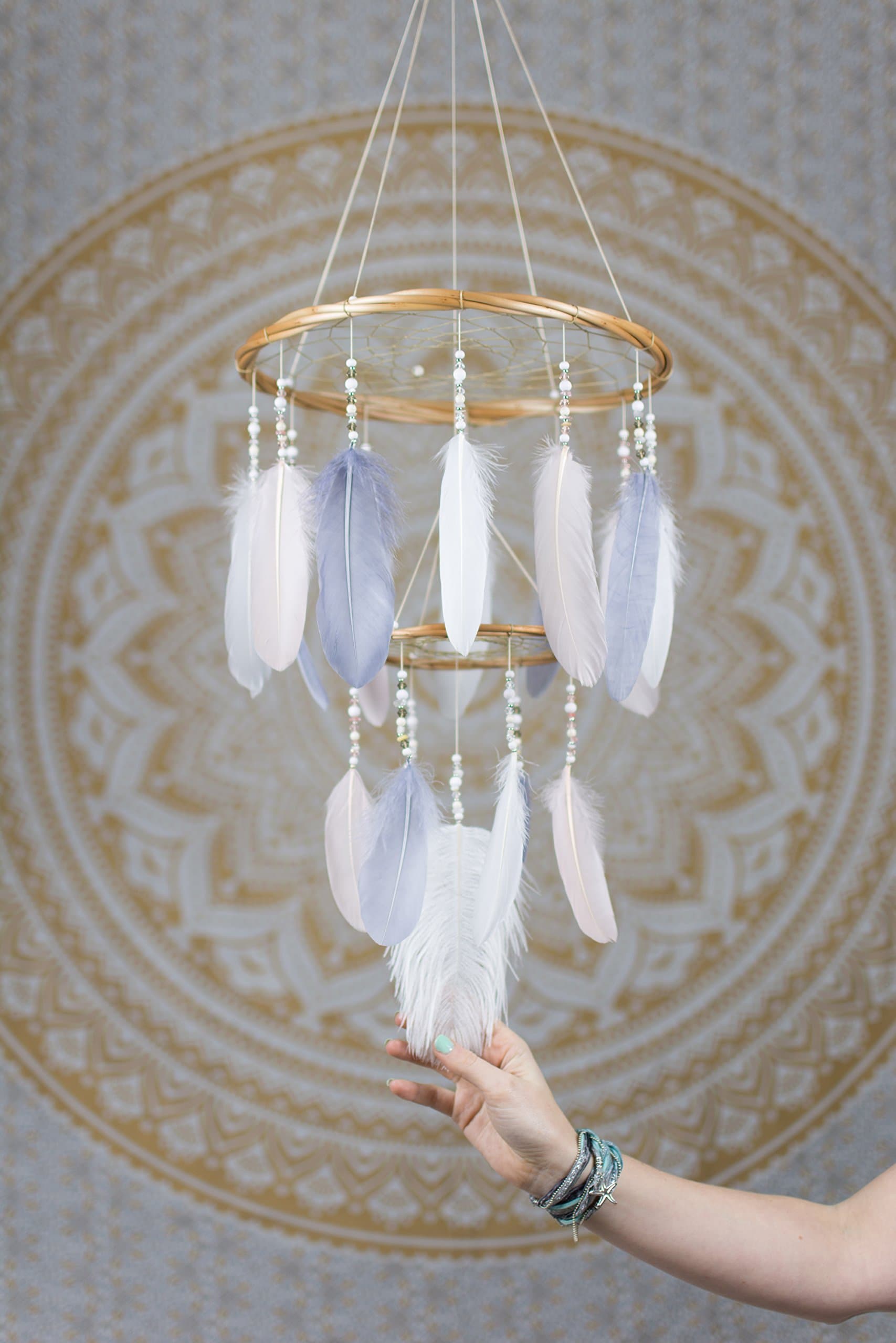 Dreamcatcher Mobile Chandelier Blush Pink, Grey and White - Handmade Dream Catcher Mobile Gift Perfect for Baby Showers and Nursery Gifts