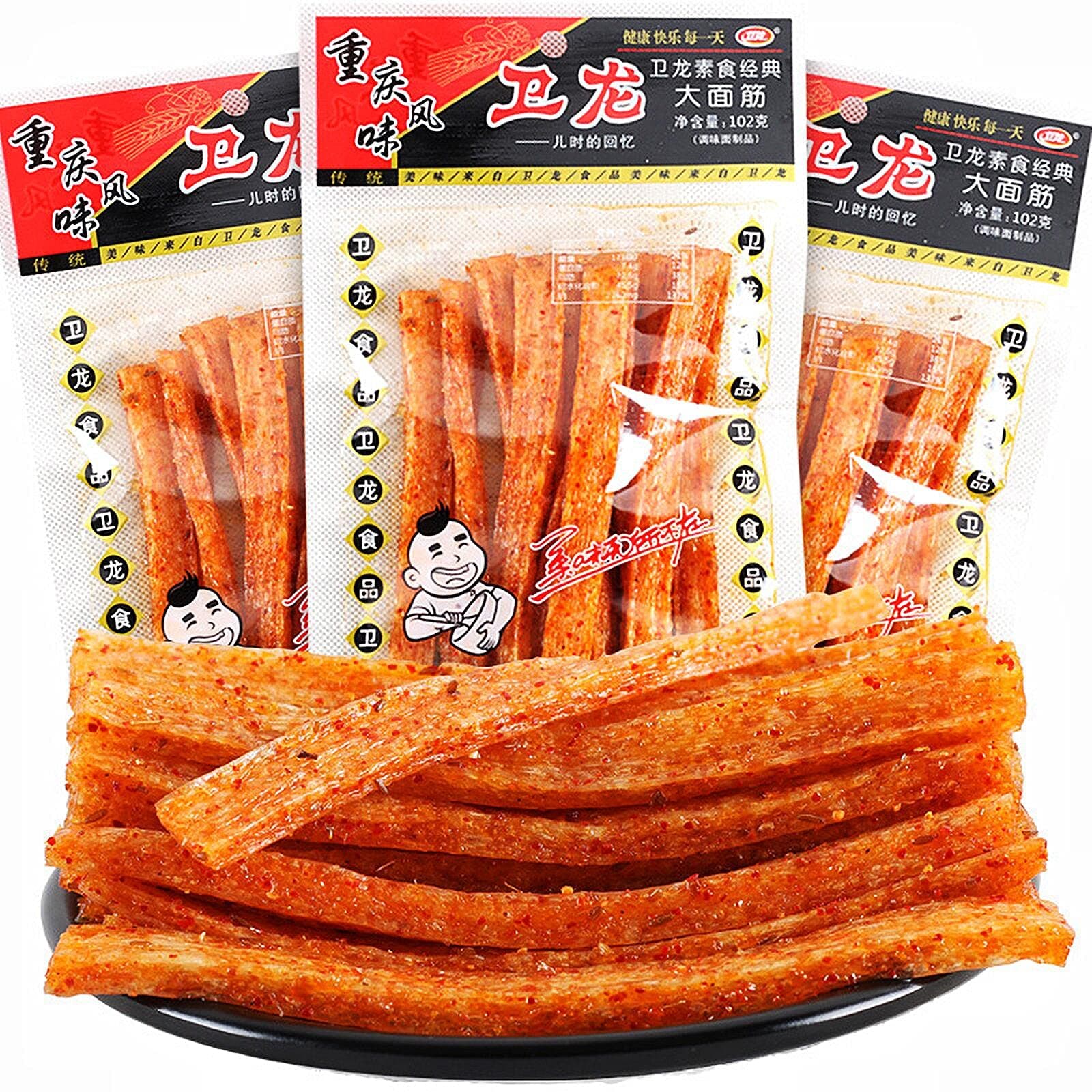 Spicy Strips - Spicy Gluten Latiao, Chinese Special Casual Snack Food, Made From Wheat / Chili / Spice, Low Sugar and Low Calories, Best Vegan, 102g (Pack of 3)