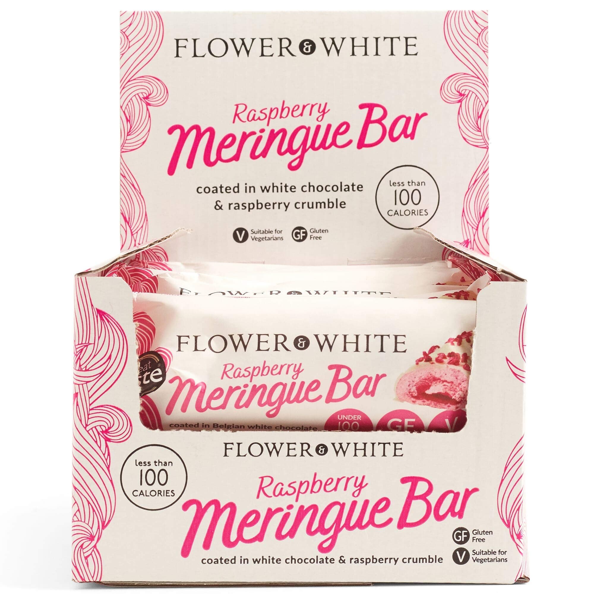 Flower & White Raspberry Meringue Bar (Box of 12) - Gluten Free Low Fat Under 100 Calories