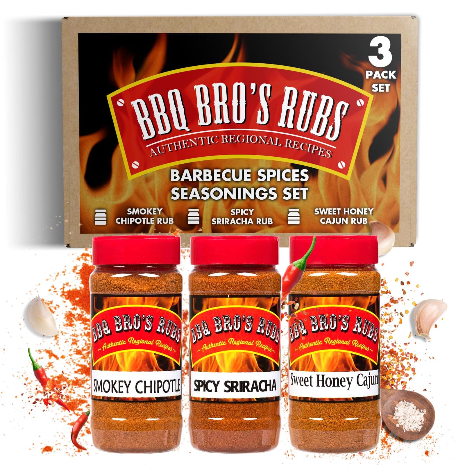 (Spicy Style) - Barbecue Spices Seasonings Set - BBQ Rubs - Use for Grilling, Cooking & Smoking - Meat Rub, Dry Marinade, Rib Rub, Steak/ Meat Seasoning - Great on; Steak, Chicken, Pork, Beef & Brisket, Turkey & Seafood - Spicy Sriracha - Smokey Chipotle -Sweet Honey Cajun