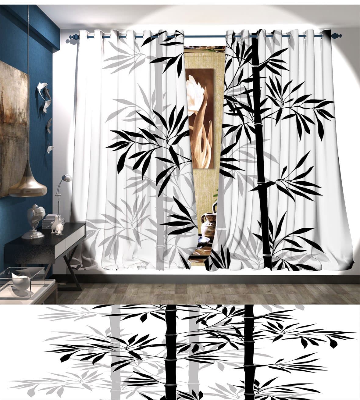 Littletonhome Tree of Life Room Darkening Wide Curtains Silhouette of Spiritual Bamboo Tree Leaves Japanese Zen Feng Shui Boho Image Customized Curtains Black White