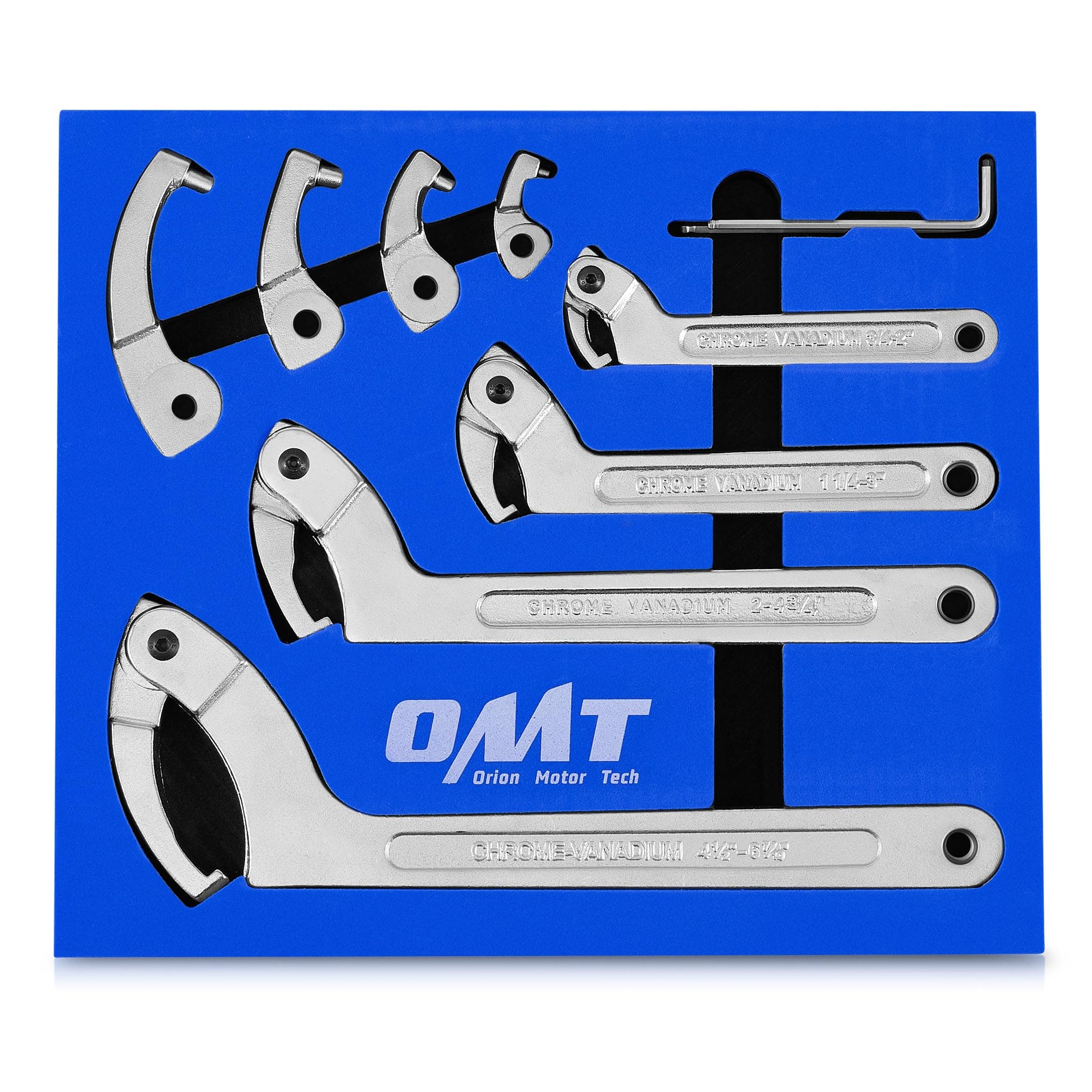 Orion Motor Tech 8pc Adjustable Pin Spanner Wrench Tool Set, Spanner Nut Wrench Tools with Changeable Heads for Pipes Heating Cars, Coilover Hook Wrenches for Suspension System, 3/4" to 6-1/10"