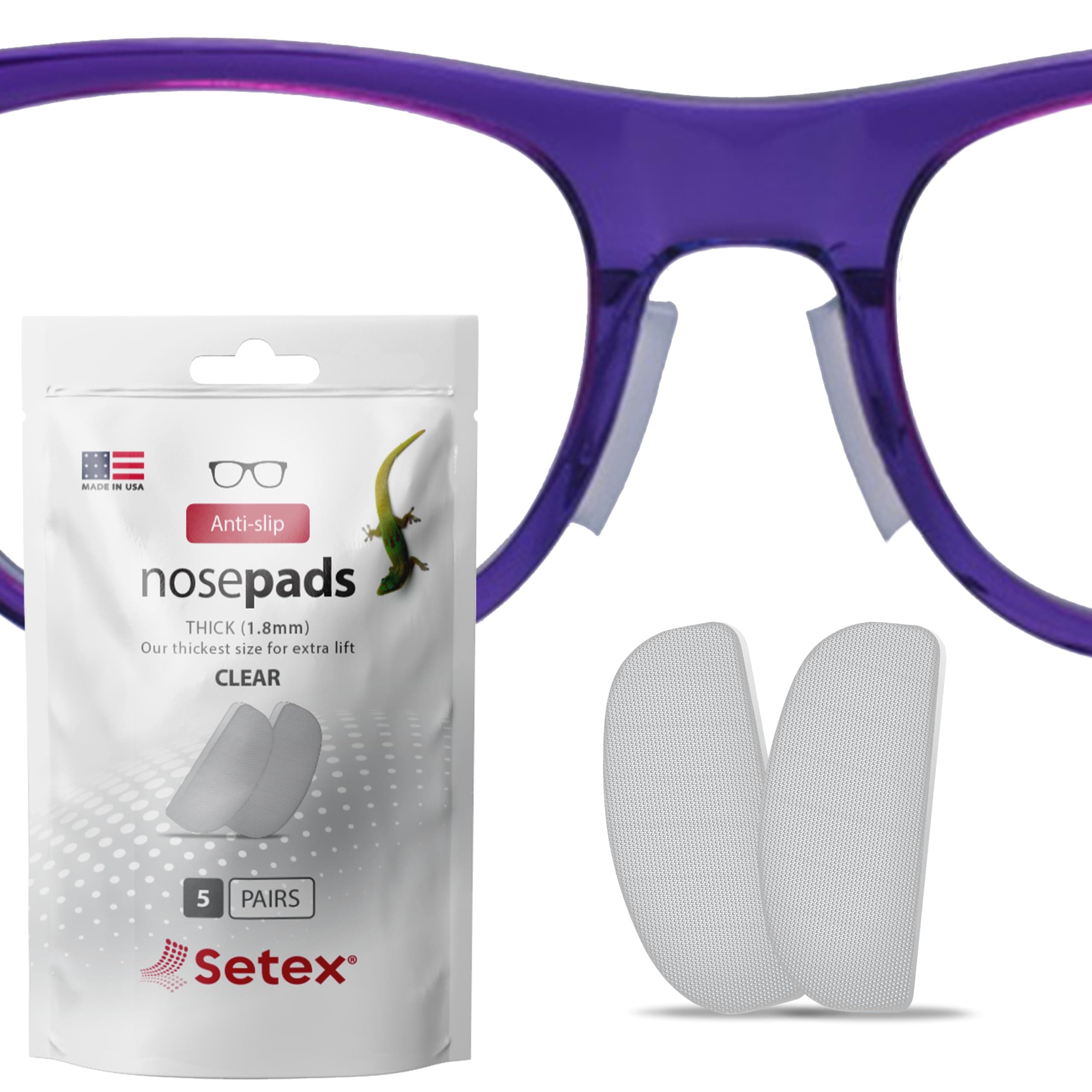 Setex Gecko Grip 1.8mm Anti-Slip Nose Pads for Eyeglasses, (5 Clear Pair) USA Made, Micro-Structured Fibers