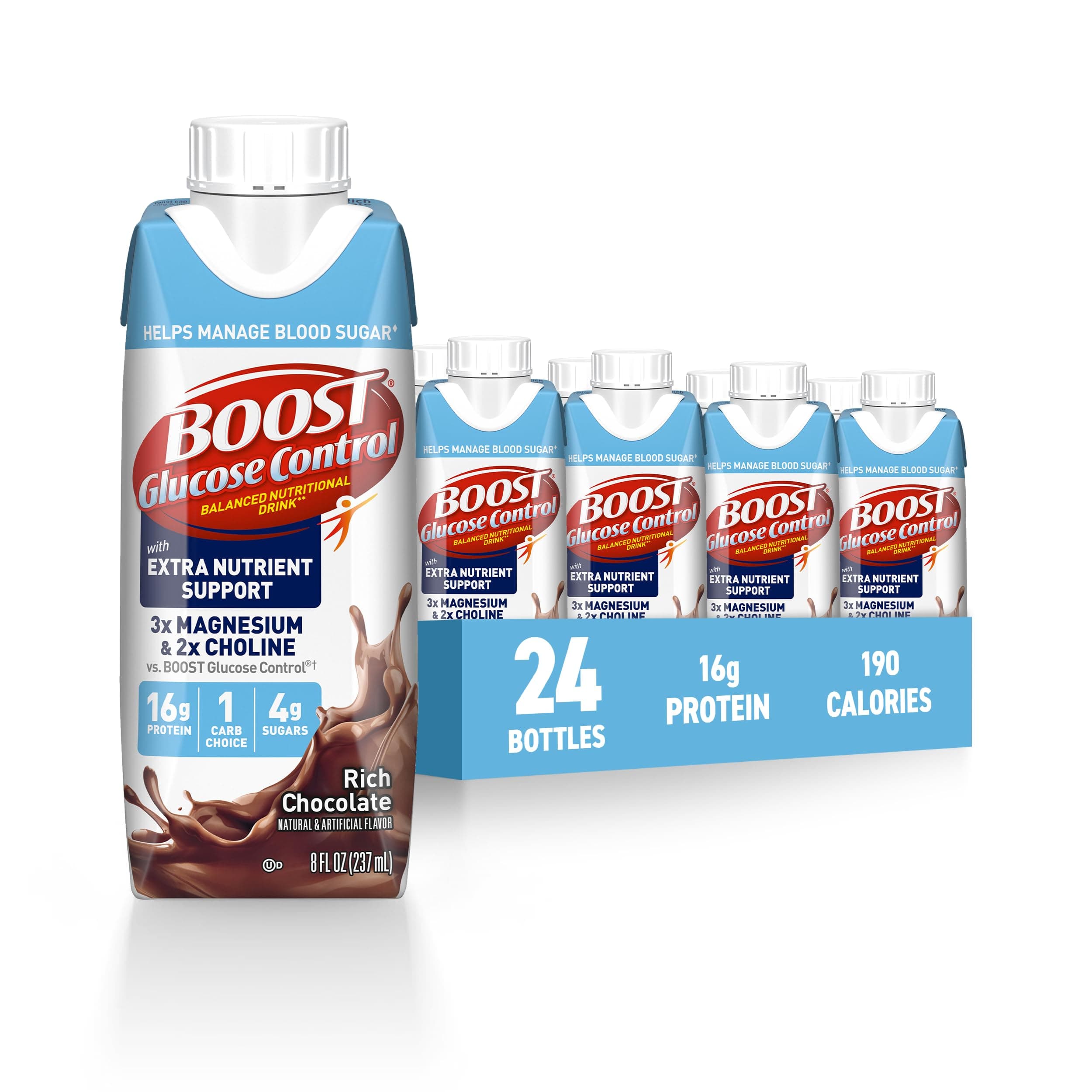 BOOST Glucose Control Ready to Drink Nutritional Drinks with Extra Nutrient Support Drink, Rich Chocolate, 8 Fl Oz, Pack of 24