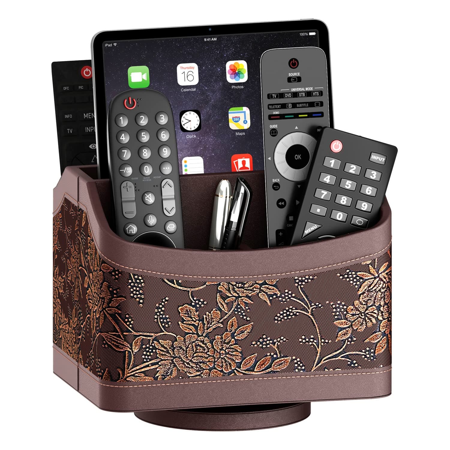 Thipoten Remote Control Holder for Table, Leather Turntable/Organizer/Caddy for Holding TV Controllers, Phone, and Office Supplies, Perfect Space Saver for End Table/Nightstand/Office Desk(Retro)