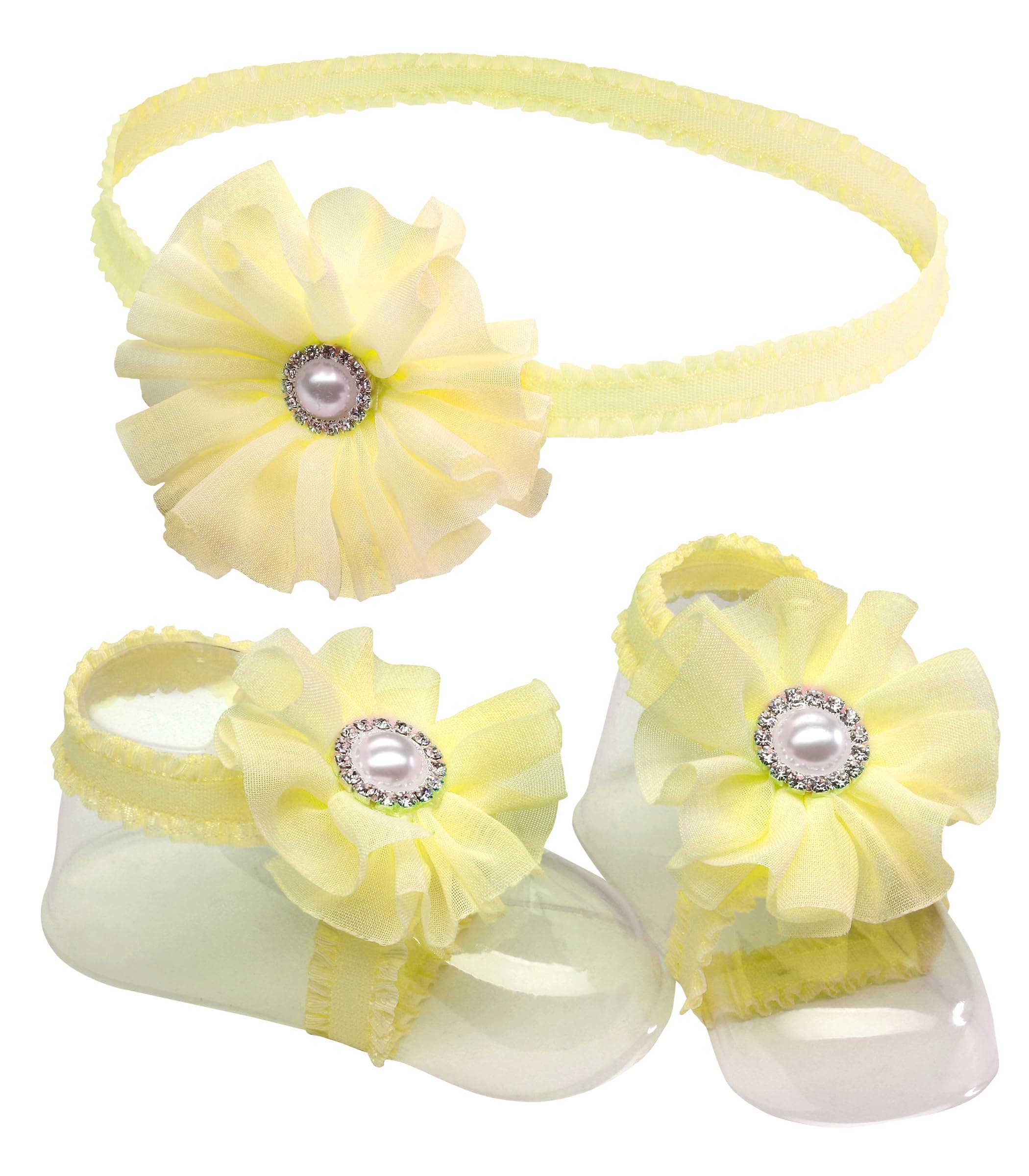 Cherished Moments "Petals" Yellow Baby Barefoot Sandal and Headband Set with Flower Accent and Gift Boxed for Baby Girl Gift