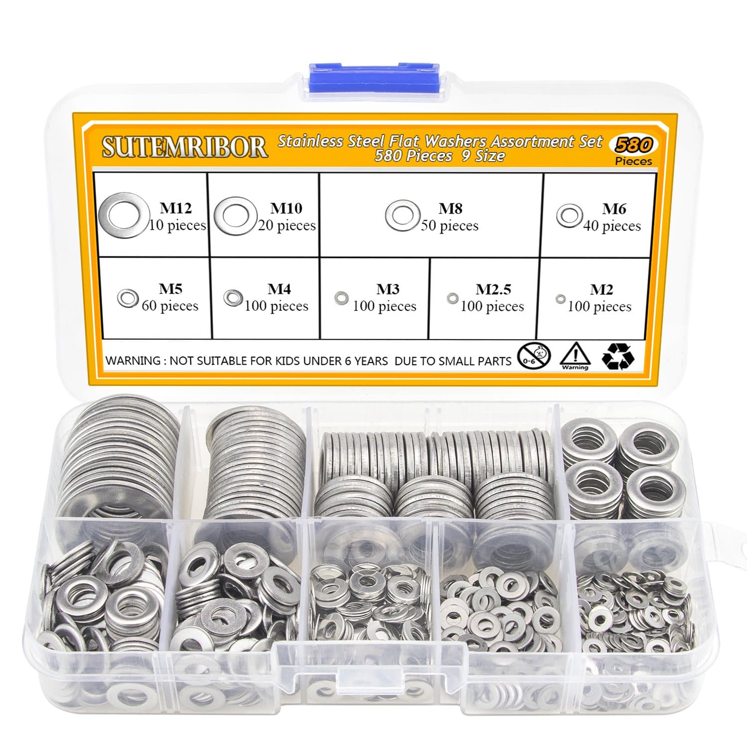 304 Stainless Steel Flat Washers Set 580 pcs, 9 Sizes - M2 M2.5 M3 M4 M5 M6 M8 M10 M12