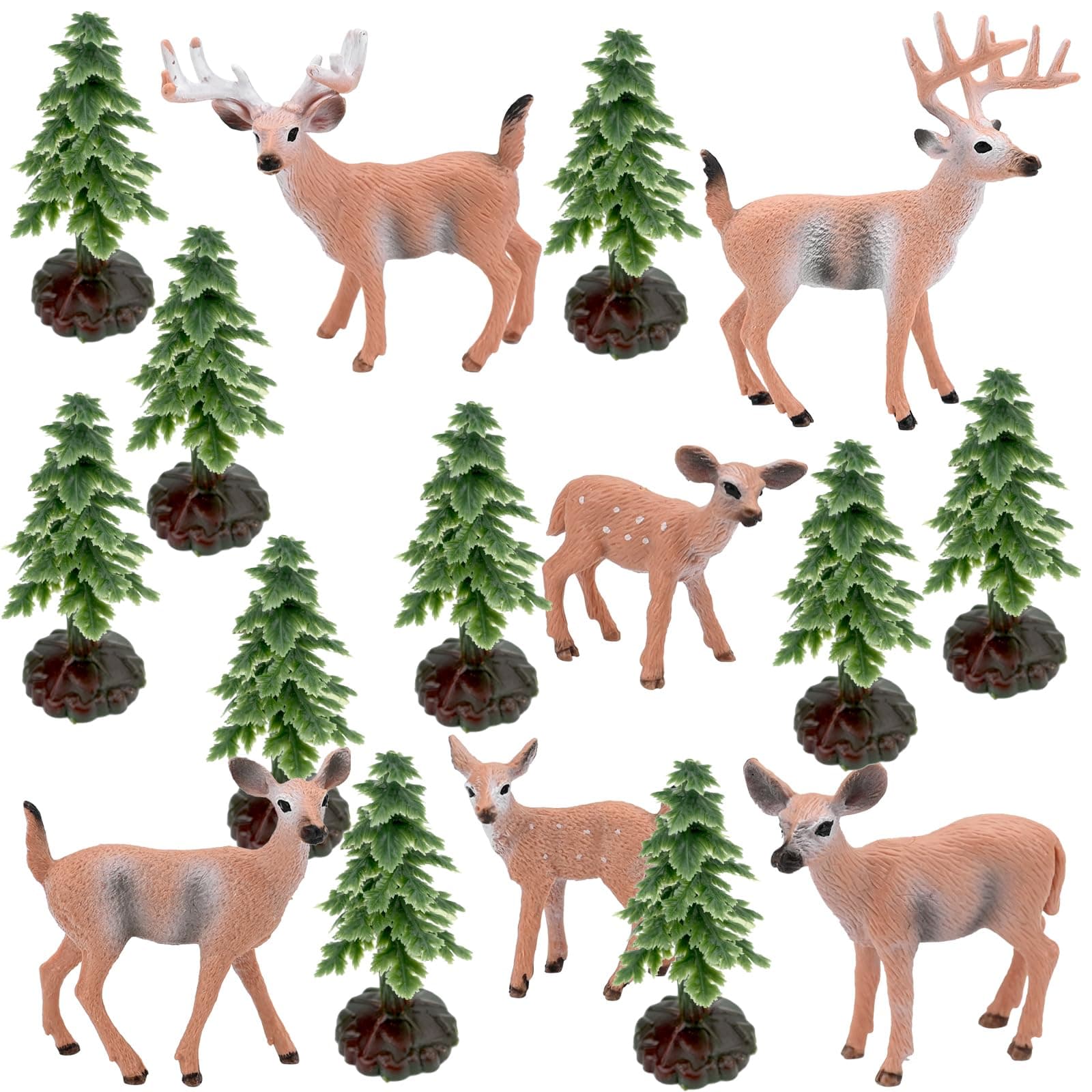 Bekecidi 16 Piece Christmas Village Scene, Miniature Christmas Tree Christmas Deer Figurines Miniature Woodland Creatures Figurines for Xmas DIY Crafts Winter Room Landscape (Brown)