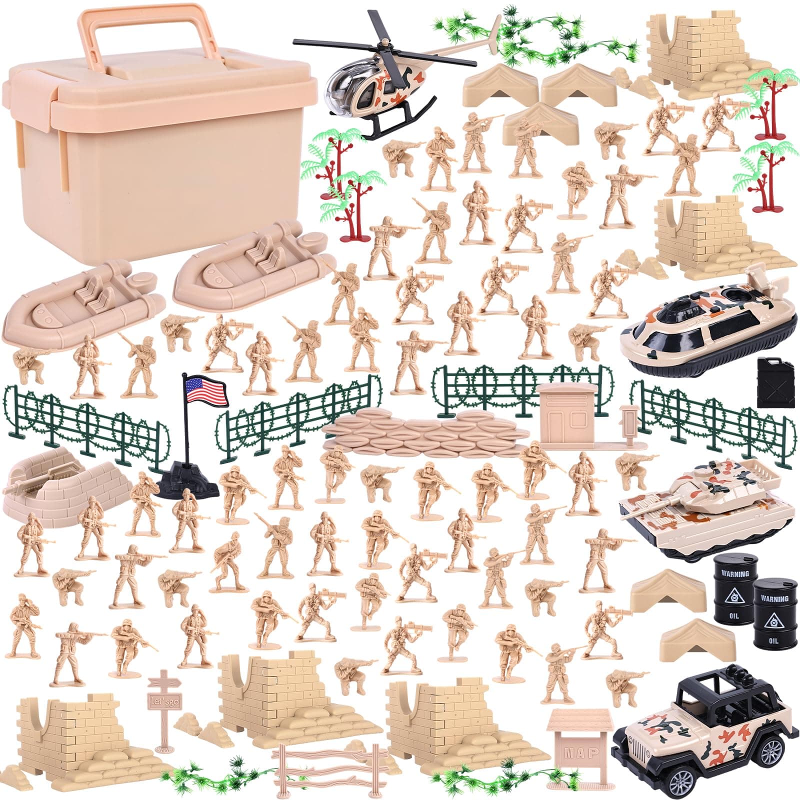 AMOR PRESENT 115PCS Army Men Playset, Military Soldier Set with Box Army Action Figures Battle Group with Vehicle Helicopter for Gifts
