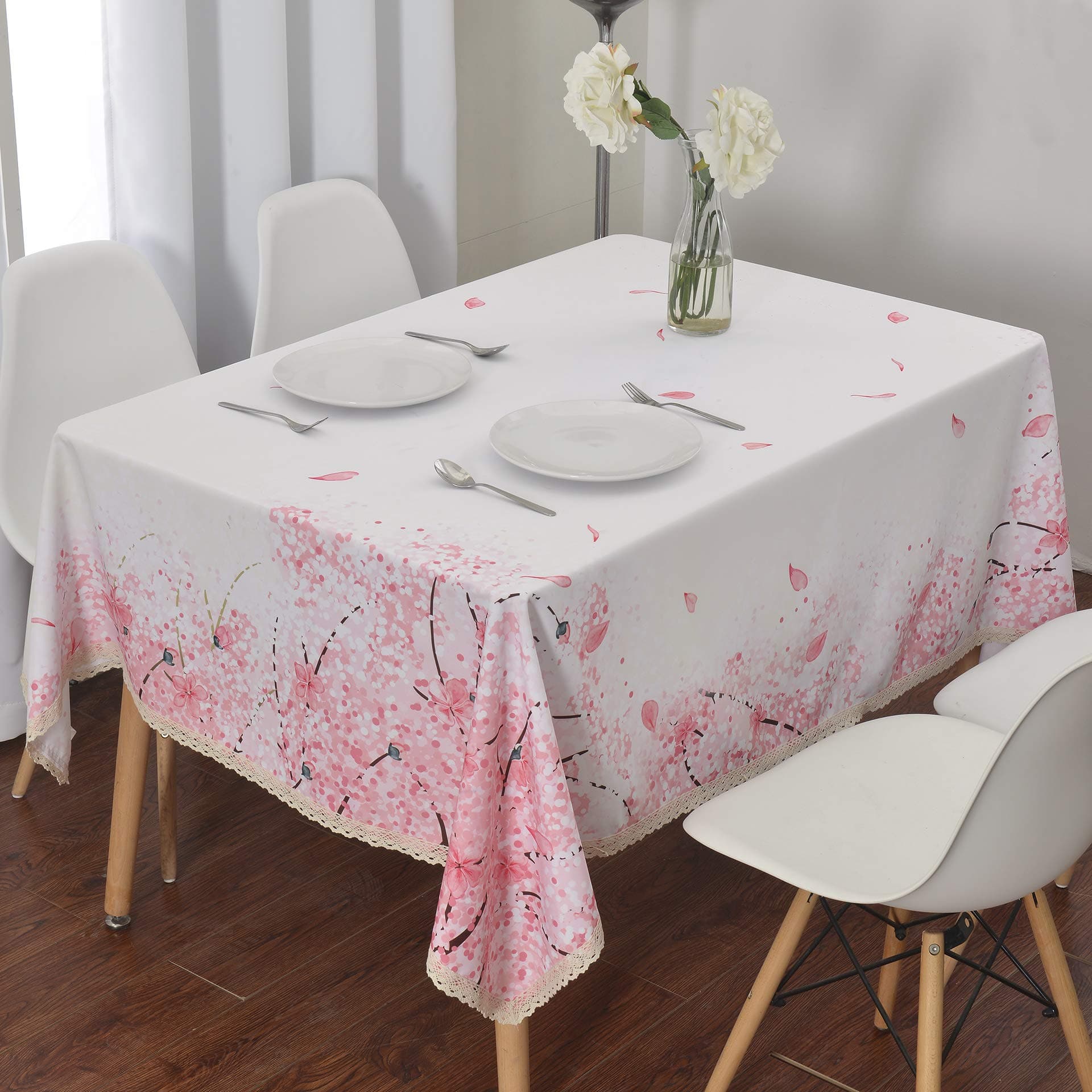 Wewoch Decorative Cherry Blossom Floral Print Rectangle Tablecloth Waterproof Fabric Lace Table Cloth for Dining Kitchen Room and Party 60 Inch by 84 Inch