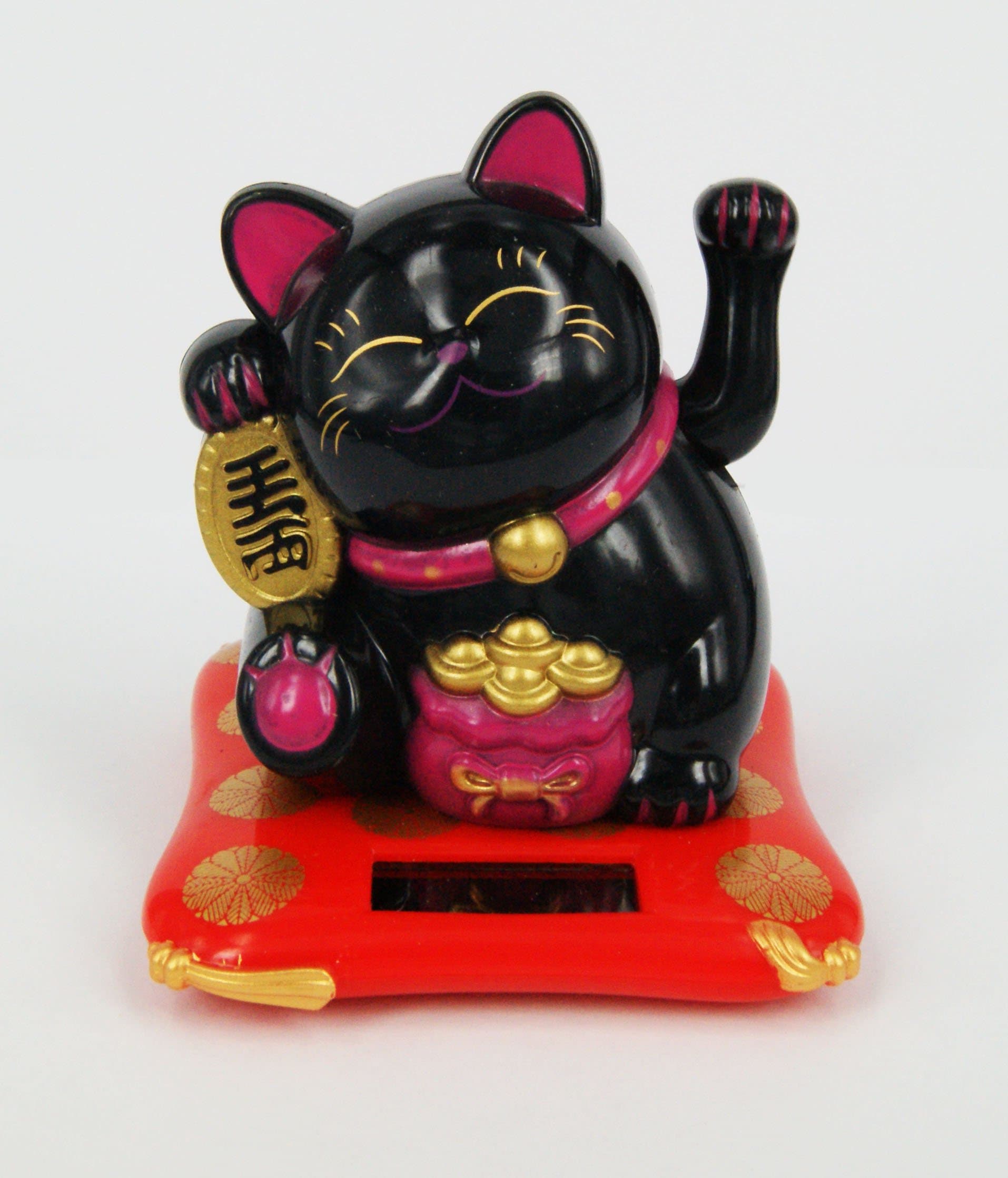 Solar powered beckoning cat, Maneki Neko, lucky cat, good luck charm black