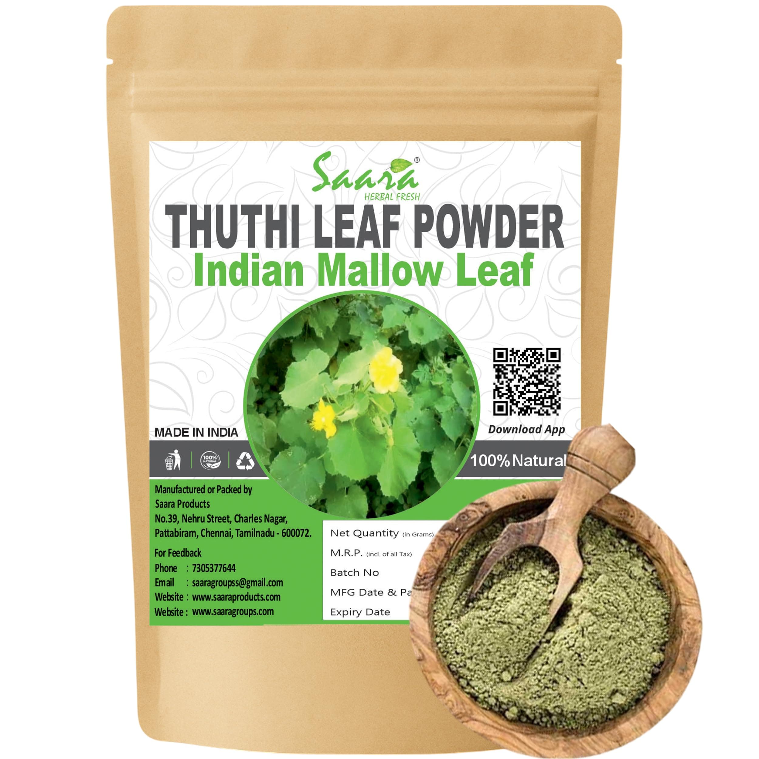 Saara HERBAL FRESH Thuthi Powder,100g, Abutilon Indicom Leaf, Kanghi, Atibala, Tuttura Benda, Navene Akke Powder,(pack of 1 x 100g)