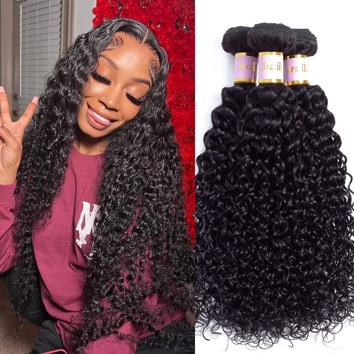 Hair Brazilian Virgin Kinky Curly 3 Bundles (12 14 16 Inch) 10A 100% Unprocessed Human Hair Curly Weft Extensions Weaves Natural Black