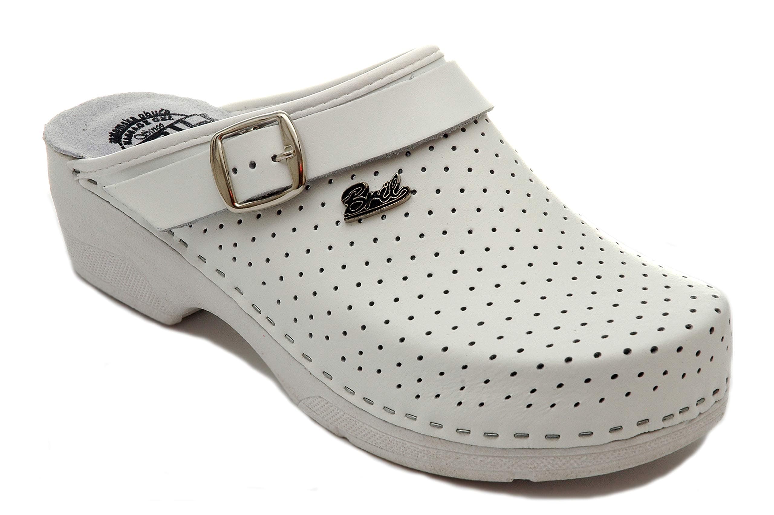 BRIL Dr Punto Rosso B2 Leather Slip-on Womens Ladies Mule Clogs Slippers Shoes, White, EU 37, UK 4